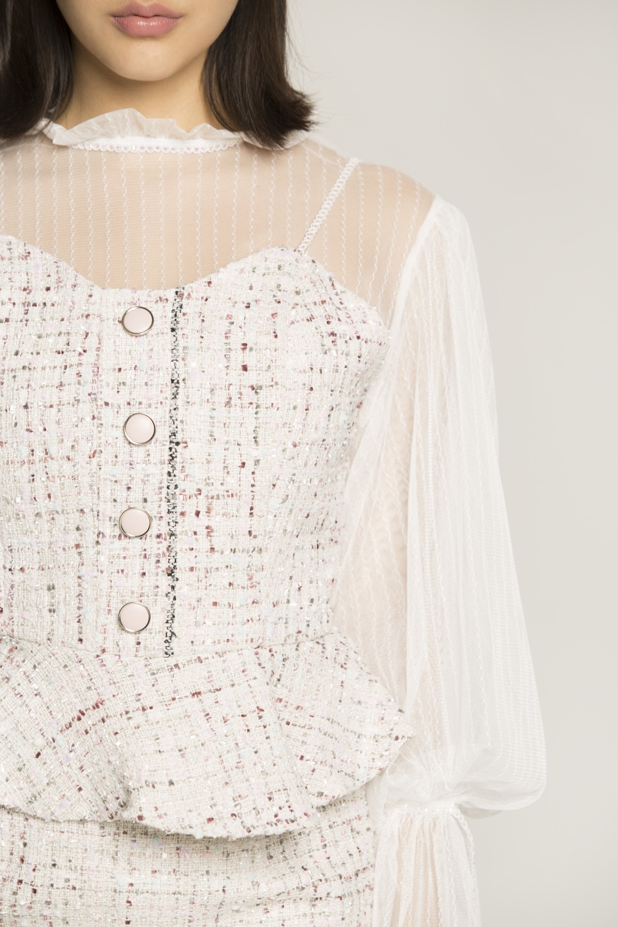 Cream Bell Sleeves Tie Up Collar Tweed Top and Bottom - ownthelooks-Development Cream Bell Sleeves Tie Up Collar Tweed Top and Bottom - ownthelooks-Development