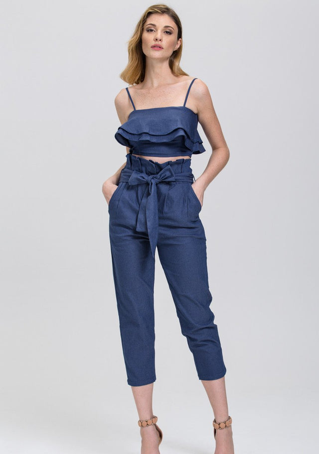 Maram Zbaeda - Denim Blue High Waist and Ruffled Bandeau 2 piece Co-ord - ownthelooks-Development