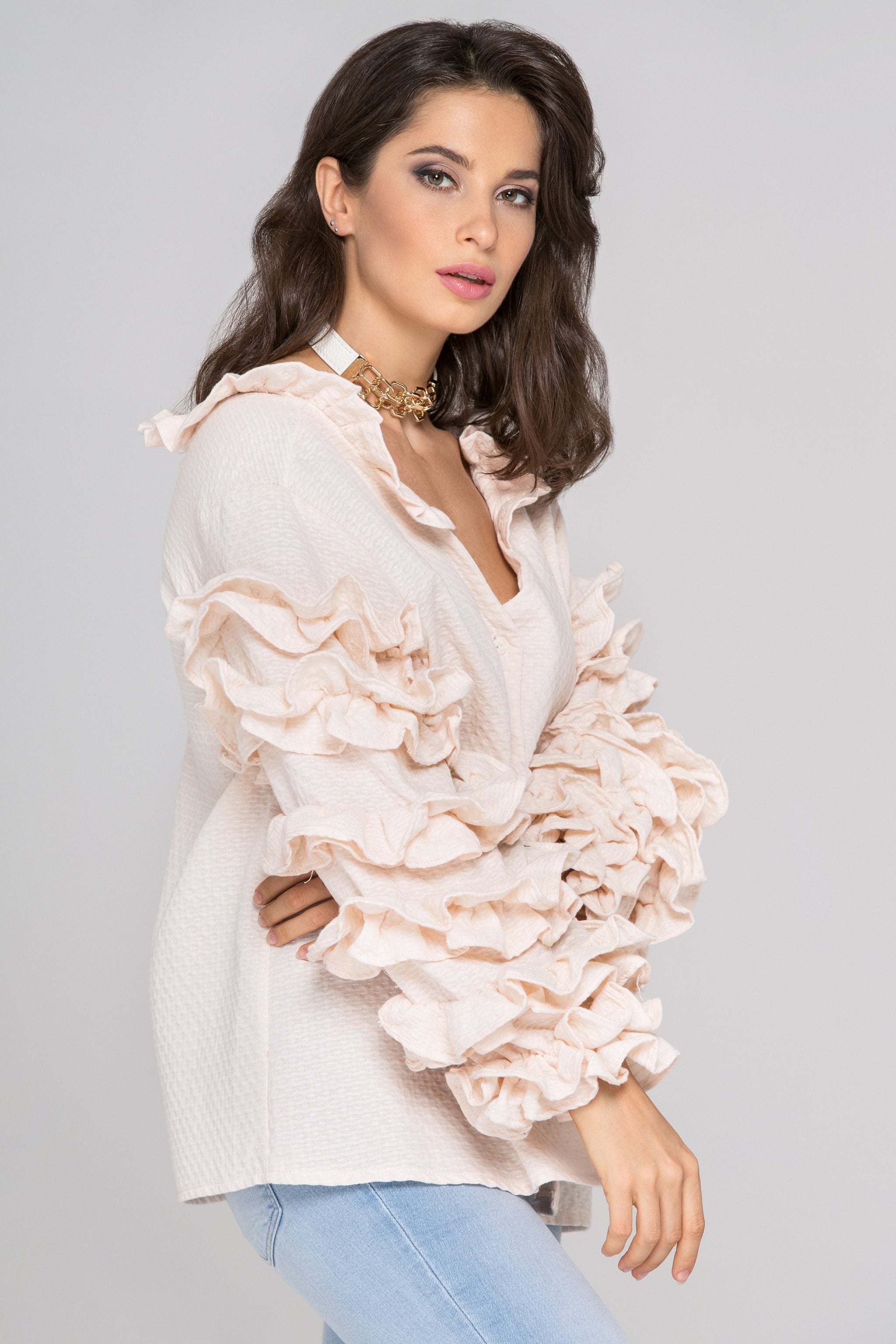 Light Peach Ruffle Sleeve Cardigan - ownthelooks-Development Light Peach Ruffle Sleeve Cardigan - ownthelooks-Development