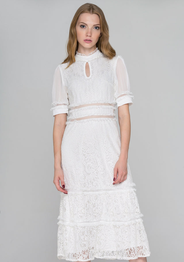 White Lace Ruffle Trim Midi Dress - ownthelooks-Development