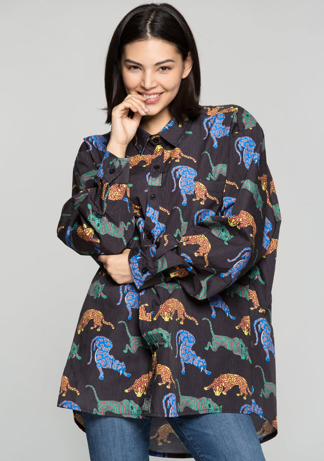 Black Full Sleeves Colourful Tiger Print Shirt - ownthelooks-Development