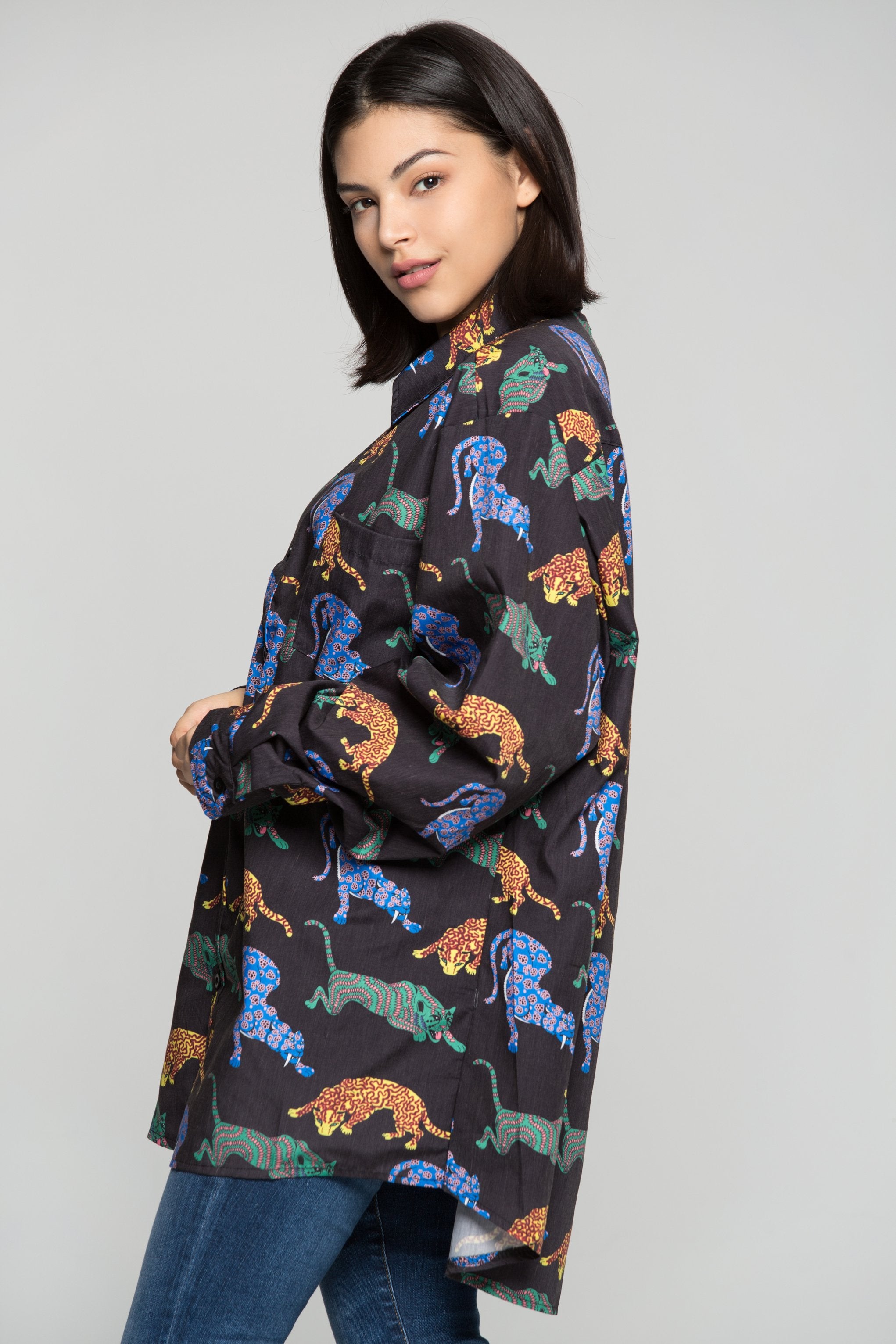 Black Full Sleeves Colourful Tiger Print Shirt - ownthelooks-Development Black Full Sleeves Colourful Tiger Print Shirt - ownthelooks-Development