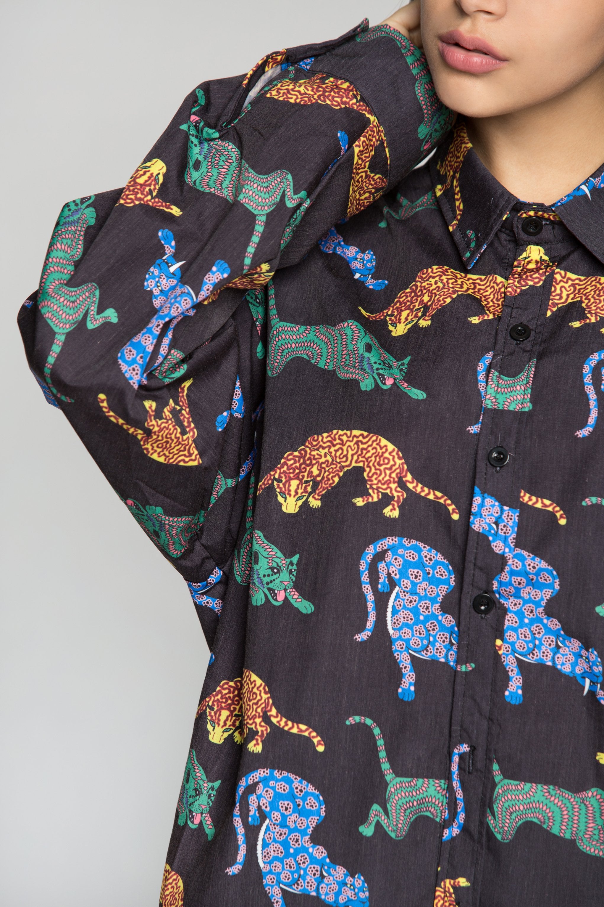 Black Full Sleeves Colourful Tiger Print Shirt - ownthelooks-Development Black Full Sleeves Colourful Tiger Print Shirt - ownthelooks-Development