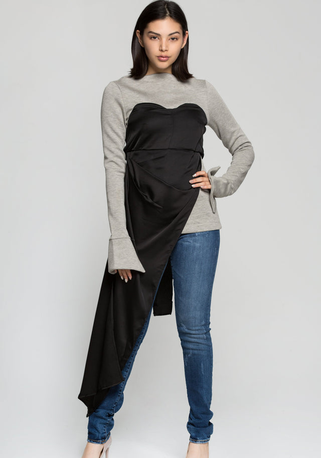 Black Sweetheart Neck Asymmetrical Tie Up Top on Grey T-shirt - ownthelooks-Development