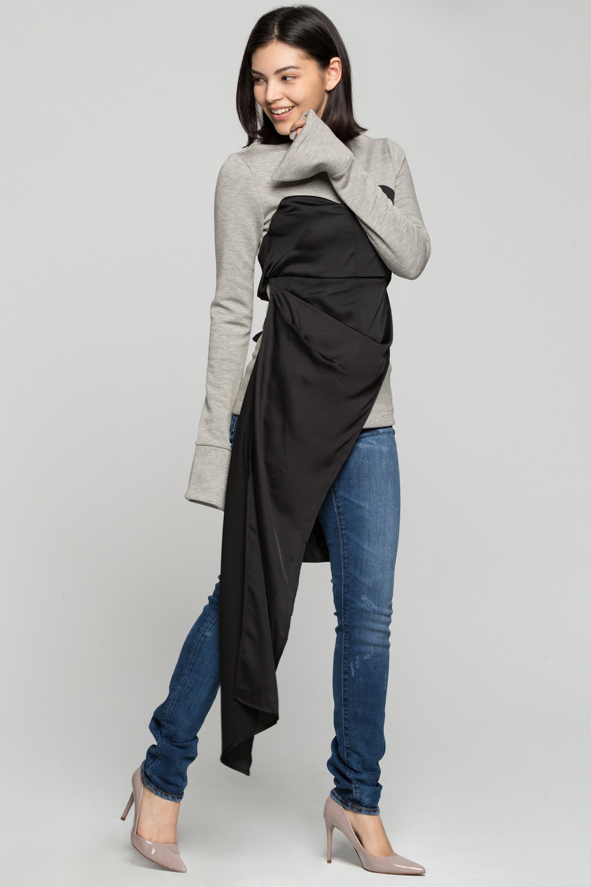 Black Sweetheart Neck Asymmetrical Tie Up Top on Grey T-shirt - ownthelooks-Development Black Sweetheart Neck Asymmetrical Tie Up Top on Grey T-shirt - ownthelooks-Development