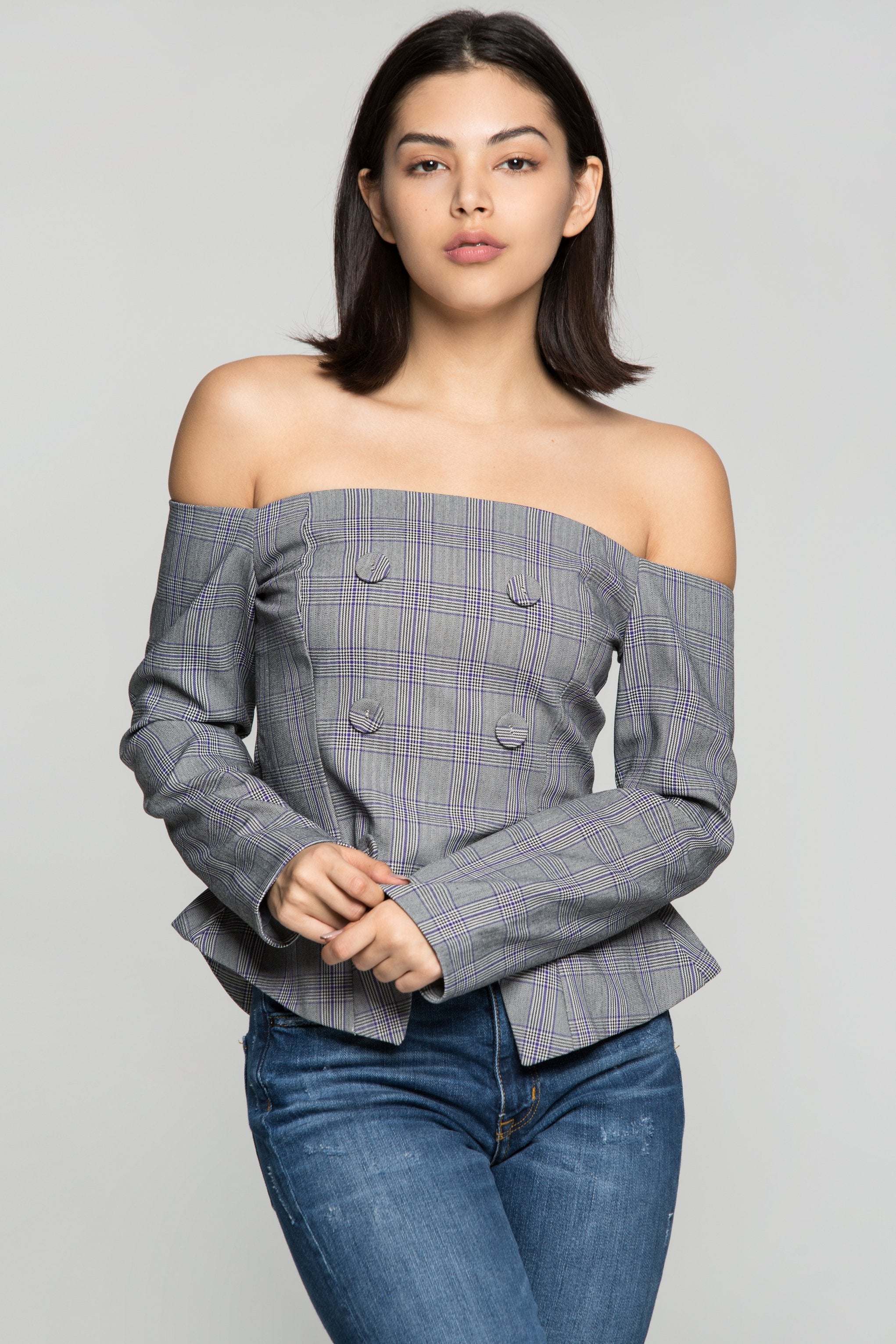 Grey Glen Check Off The Shoulder Top - ownthelooks-Development Grey Glen Check Off The Shoulder Top - ownthelooks-Development