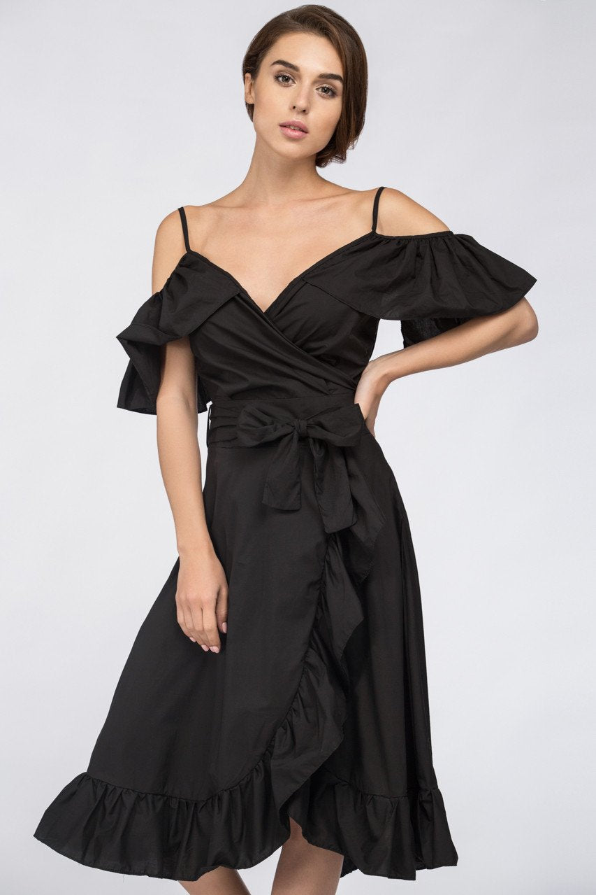 Black Ruffle off the Shoulder Midi Dress - ownthelooks-Development Black Ruffle off the Shoulder Midi Dress - ownthelooks-Development