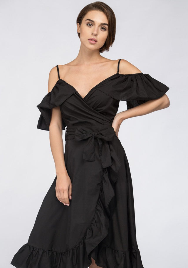 Black Ruffle off the Shoulder Midi Dress - ownthelooks-Development