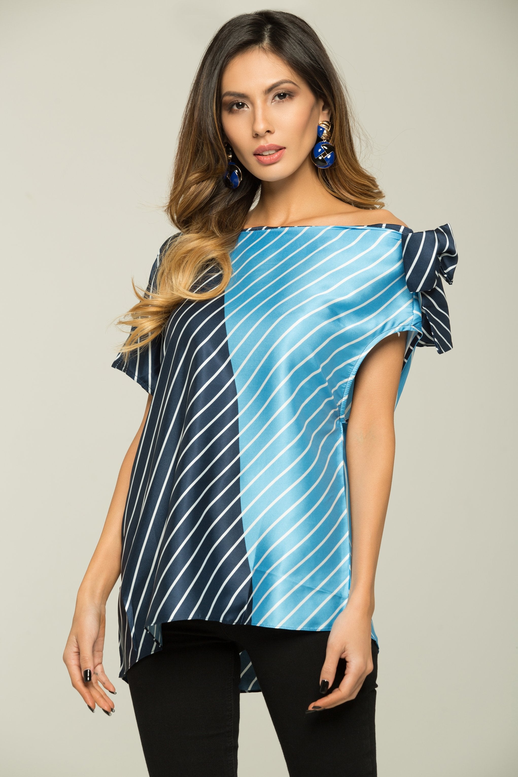 Two Blue Stripes One-shoulder Top - ownthelooks-Development Two Blue Stripes One-shoulder Top - ownthelooks-Development