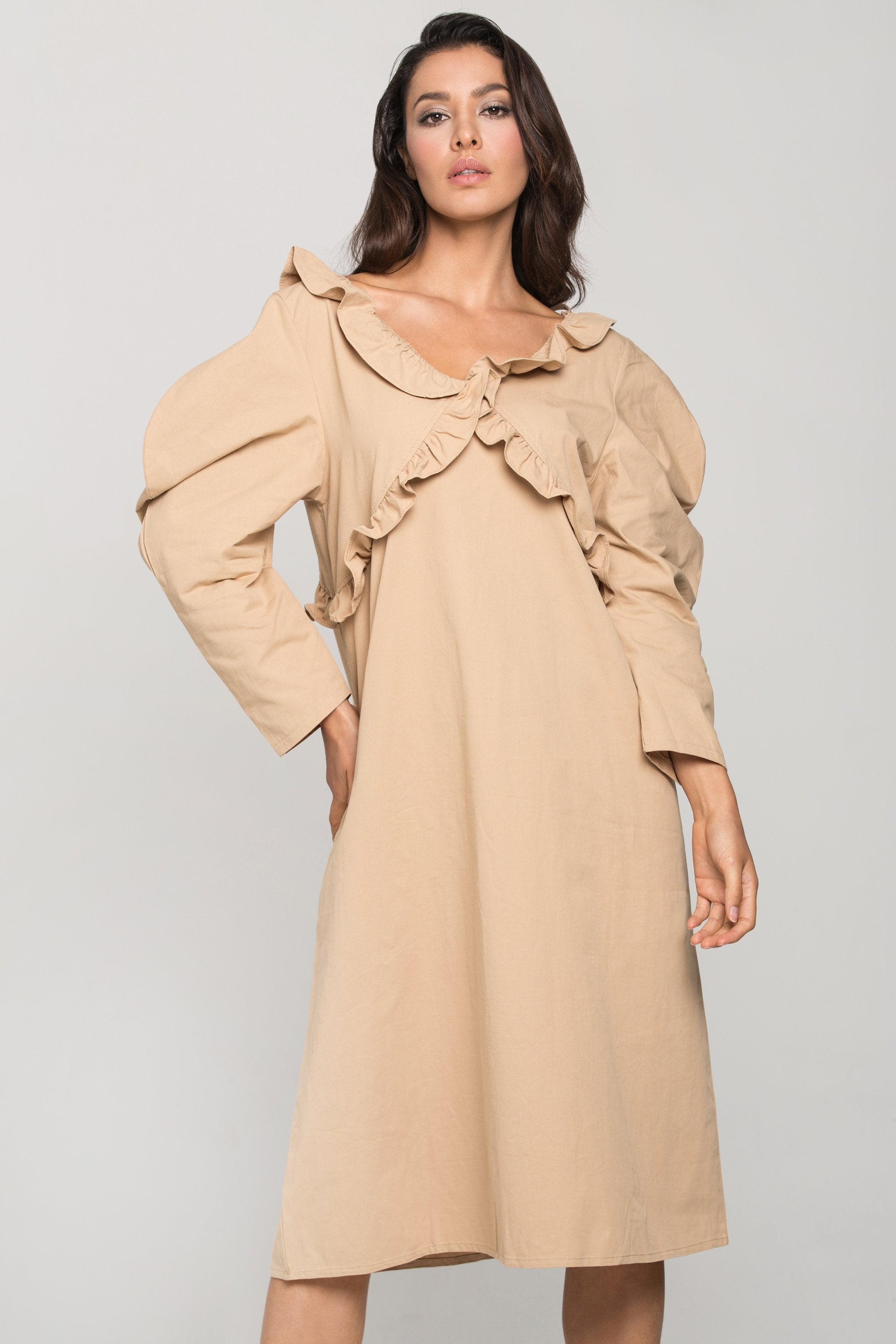 Nude Puff Sleeves Vintage Midi Dress - ownthelooks-Development Nude Puff Sleeves Vintage Midi Dress - ownthelooks-Development