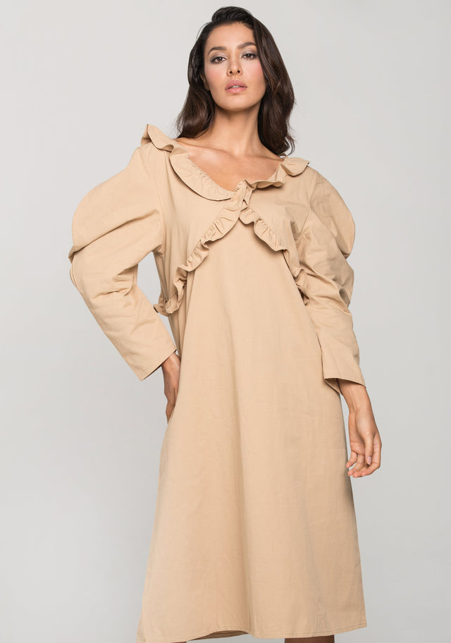 Nude Puff Sleeves Vintage Midi Dress - ownthelooks-Development