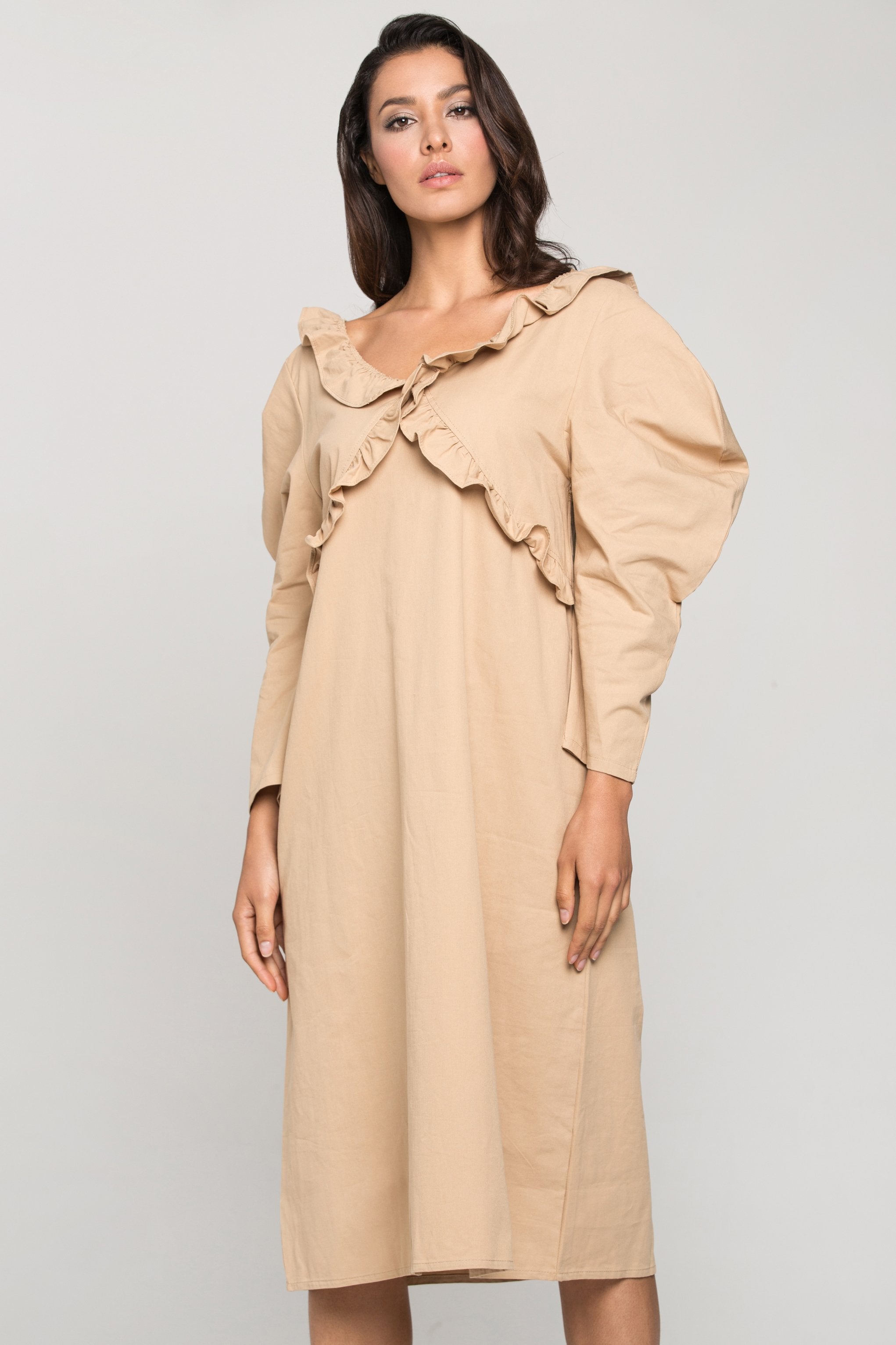 Nude Puff Sleeves Vintage Midi Dress - ownthelooks-Development Nude Puff Sleeves Vintage Midi Dress - ownthelooks-Development