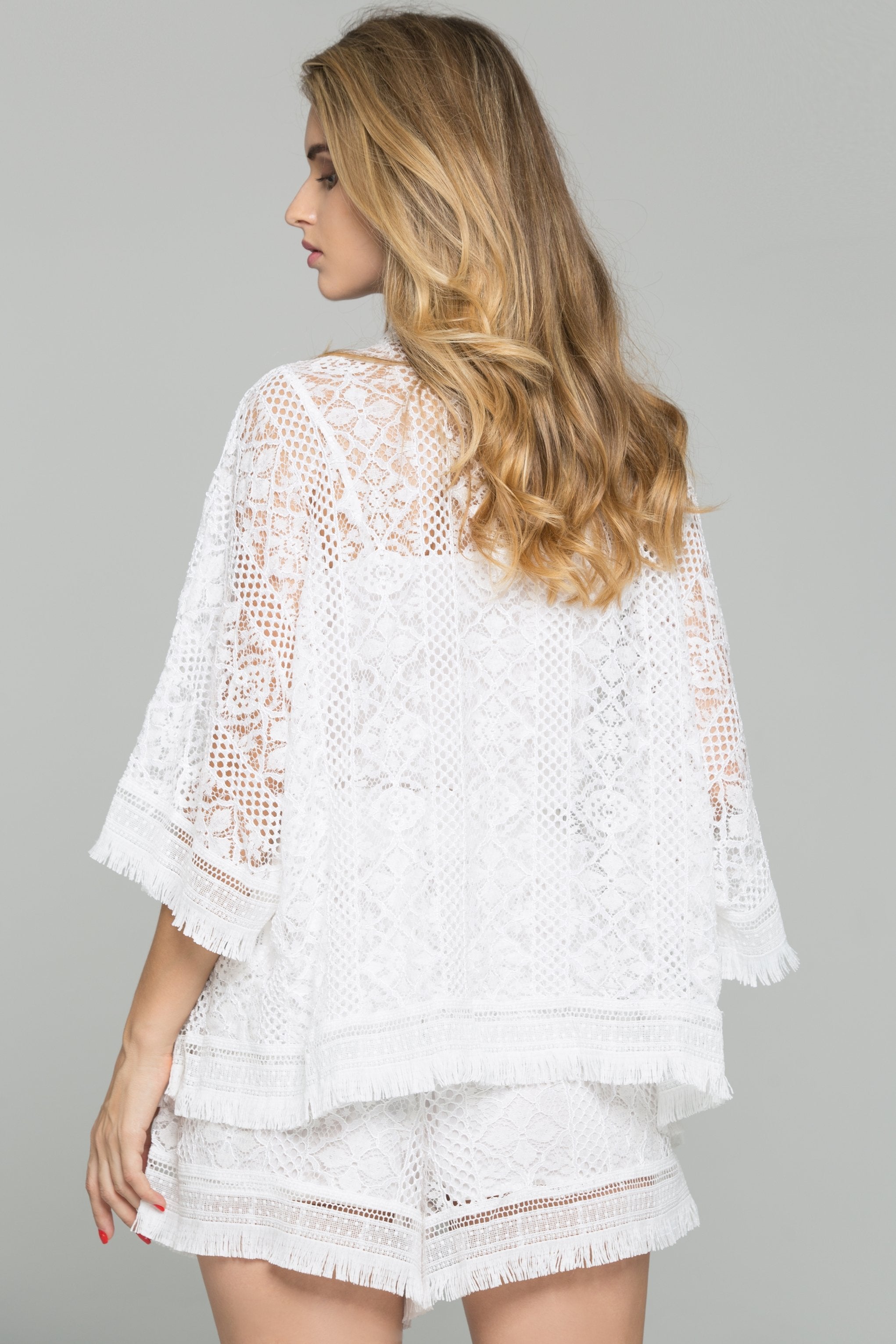 3-Piece White Lace Chiffon Fringe Hem Top and Drawstring Waist Short Set - ownthelooks-Development 3-Piece White Lace Chiffon Fringe Hem Top and Drawstring Waist Short Set - ownthelooks-Development