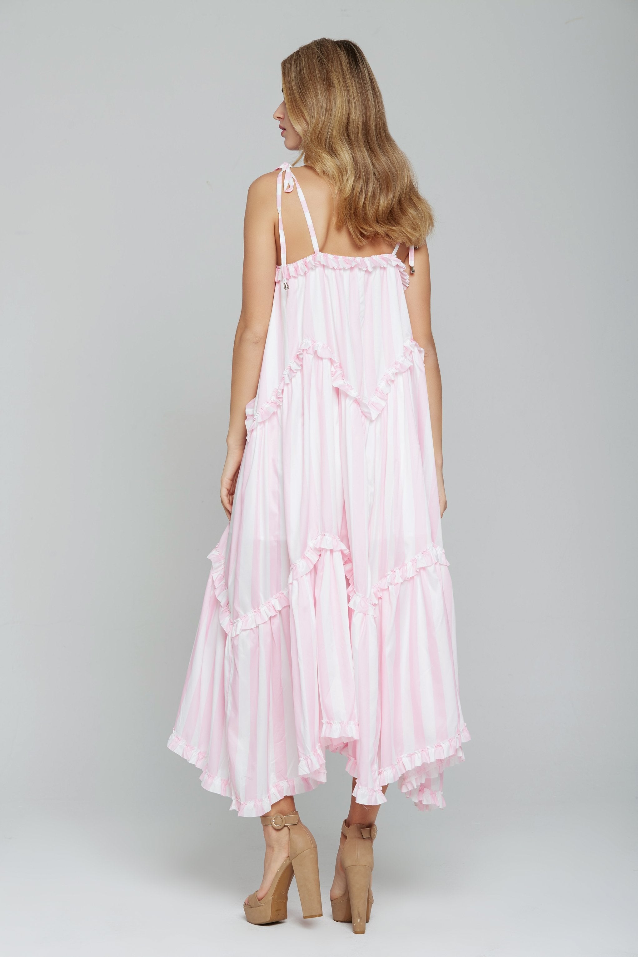 Baby Pink and White Stripe Tiered Midi Dress - ownthelooks-Development Baby Pink and White Stripe Tiered Midi Dress - ownthelooks-Development