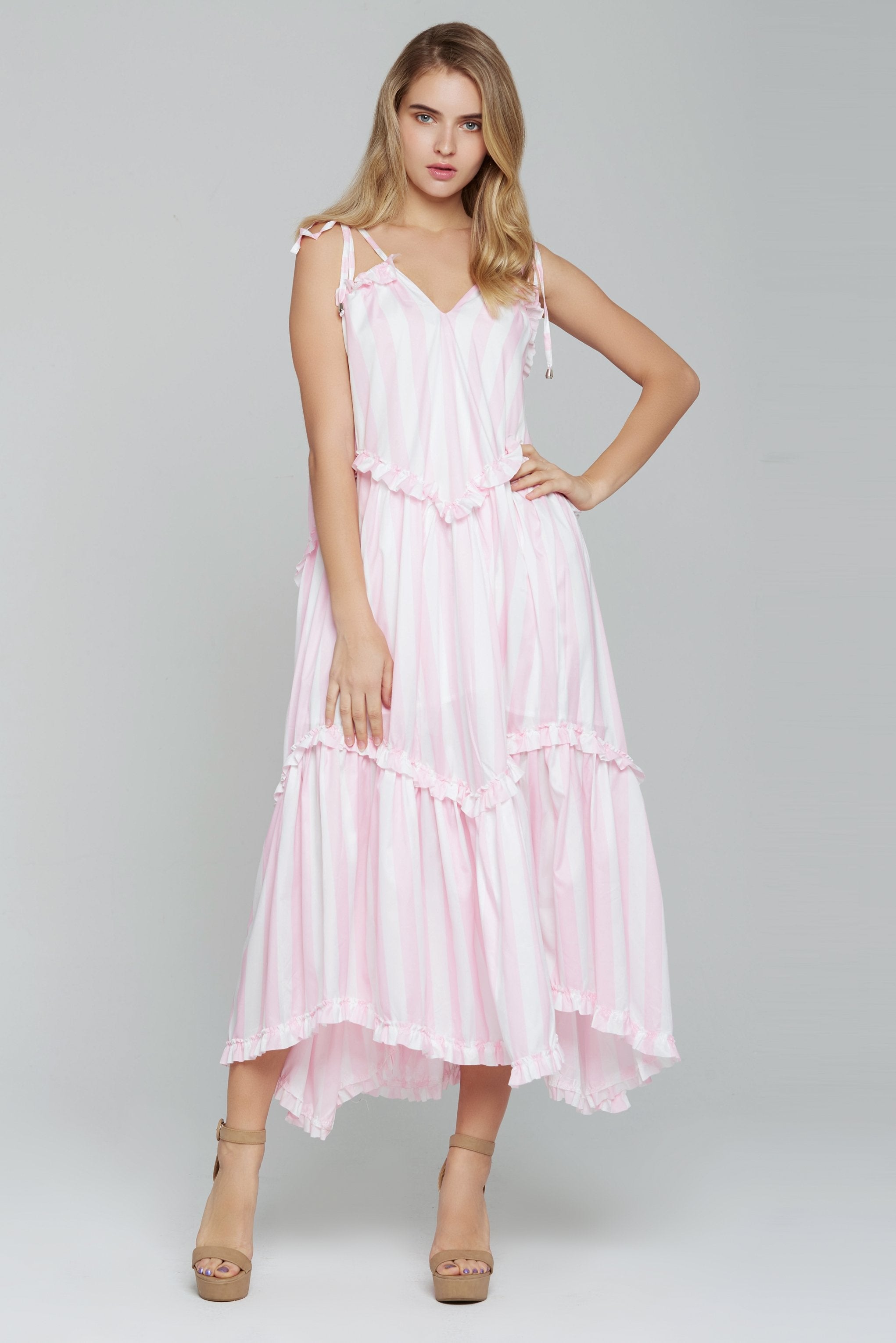 Baby Pink and White Stripe Tiered Midi Dress - ownthelooks-Development Baby Pink and White Stripe Tiered Midi Dress - ownthelooks-Development