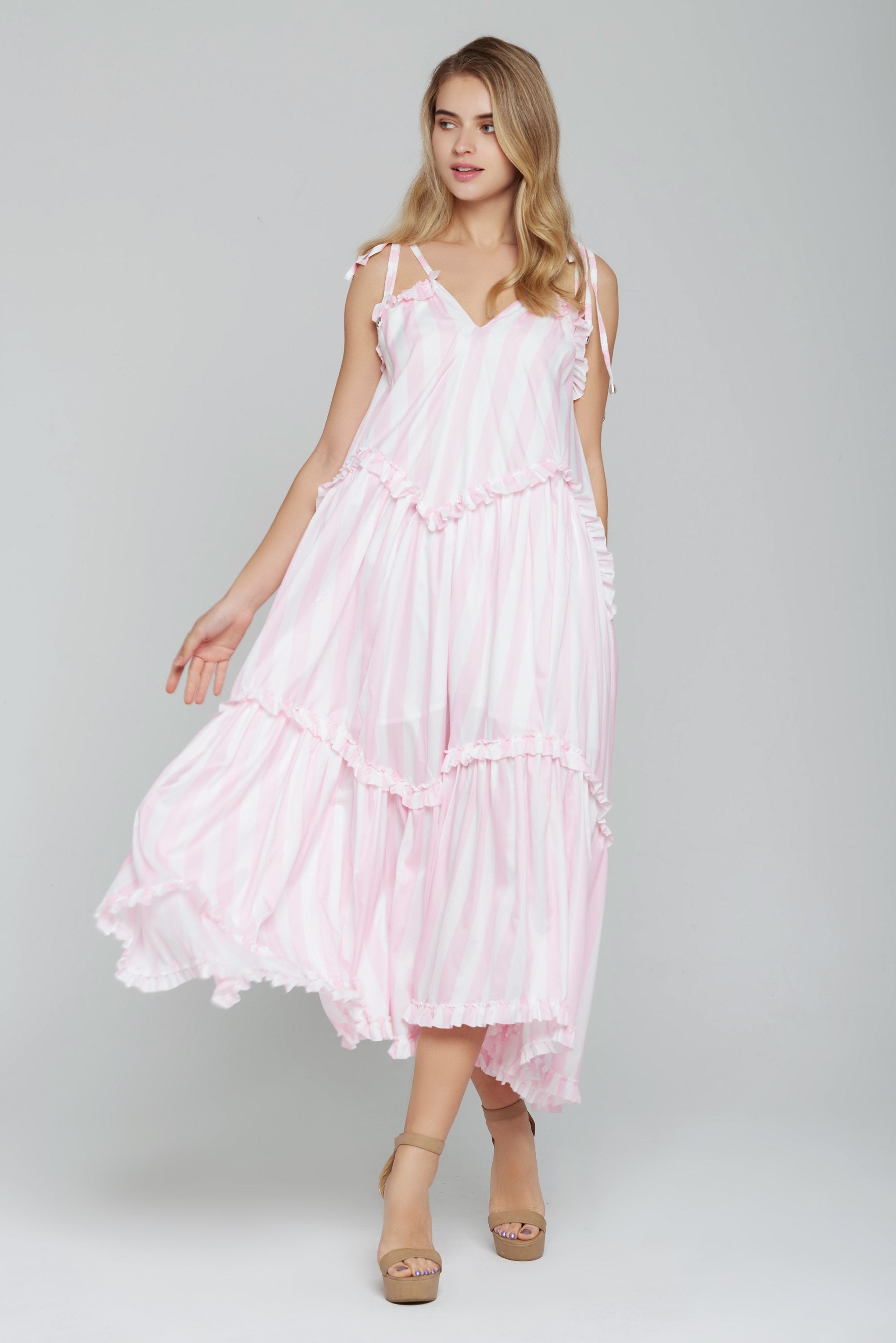 Baby Pink and White Stripe Tiered Midi Dress - ownthelooks-Development Baby Pink and White Stripe Tiered Midi Dress - ownthelooks-Development