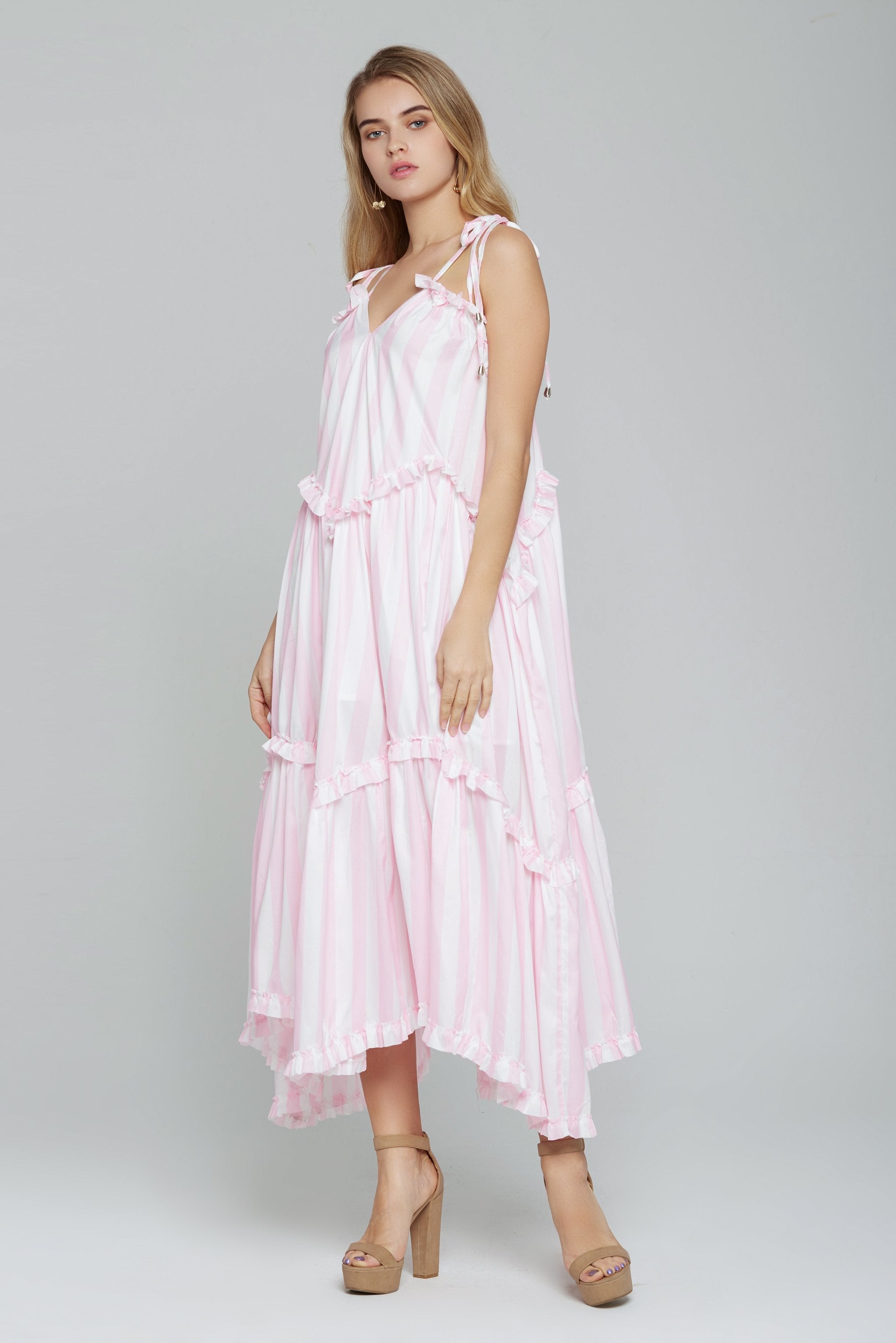 Baby Pink and White Stripe Tiered Midi Dress - ownthelooks-Development Baby Pink and White Stripe Tiered Midi Dress - ownthelooks-Development