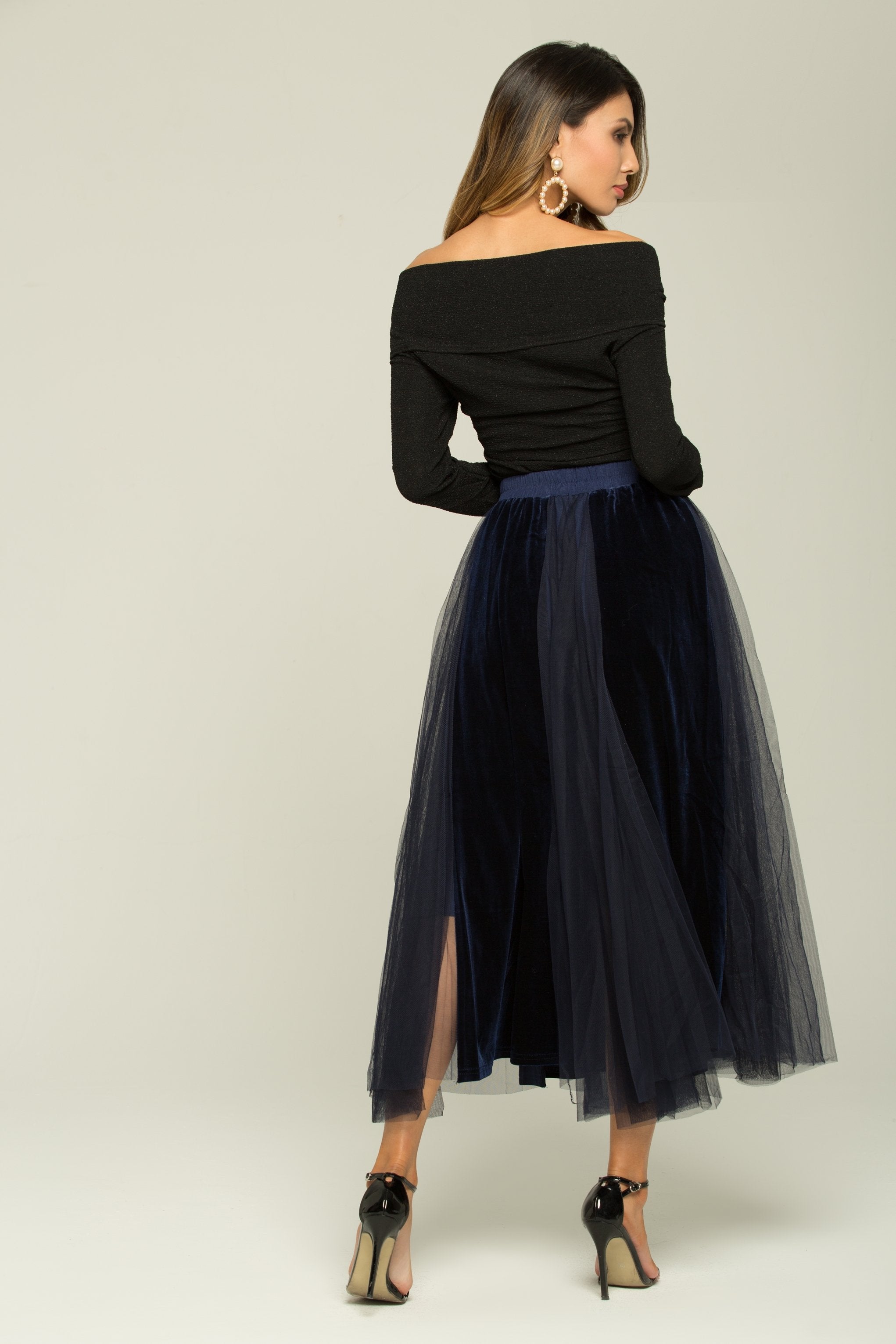 Black And Blue Boat Neck Top And Sheer Skirt With Belt Set - ownthelooks-Development Black And Blue Boat Neck Top And Sheer Skirt With Belt Set - ownthelooks-Development
