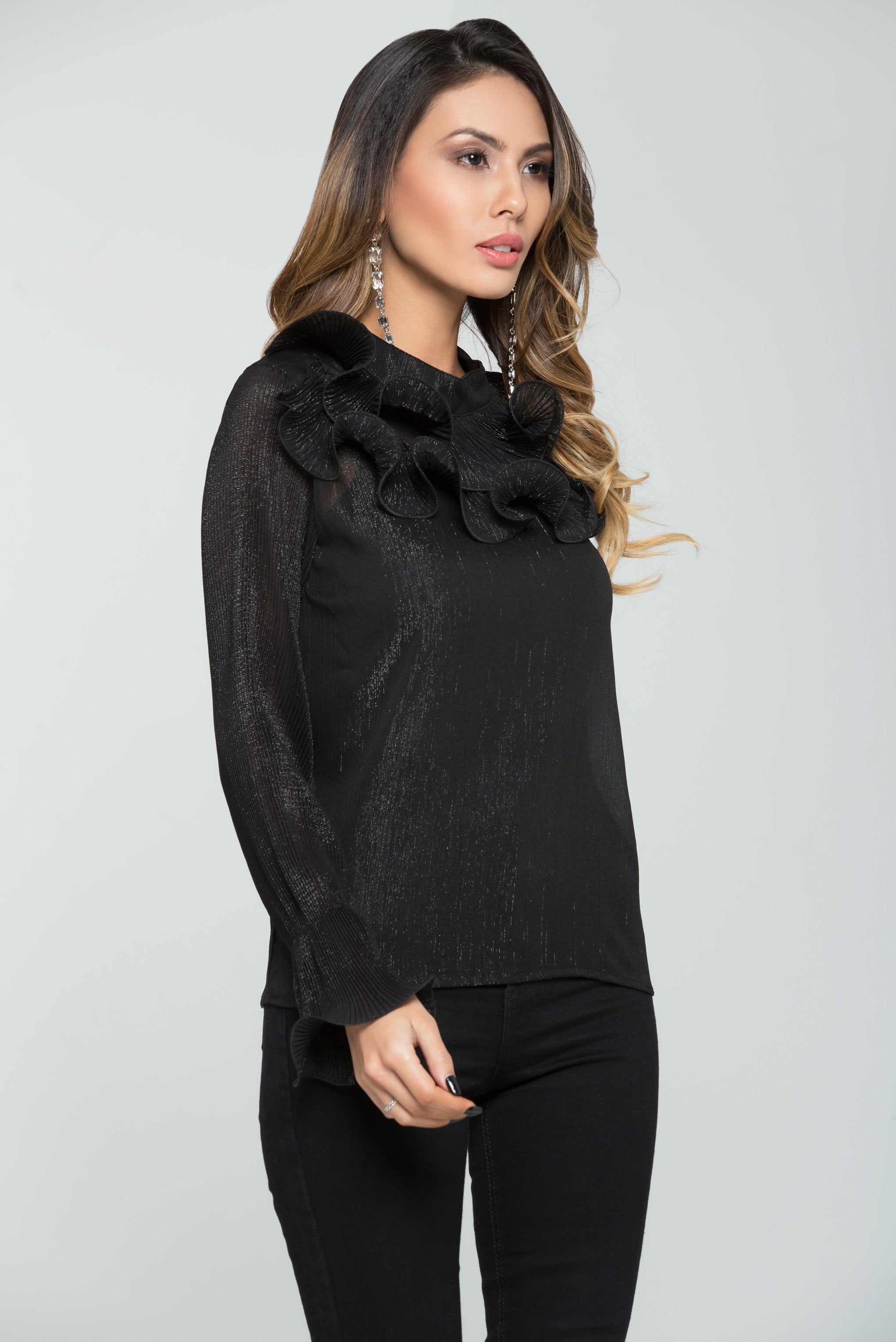 Black Glimmer Ruffled Top - ownthelooks-Development Black Glimmer Ruffled Top - ownthelooks-Development