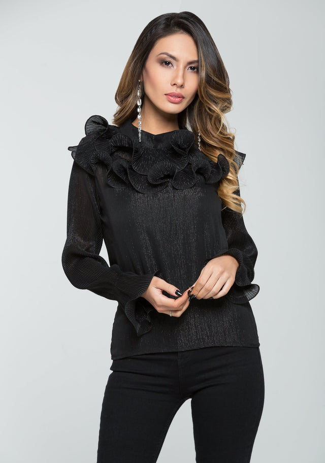 Black Glimmer Ruffled Top - ownthelooks-Development