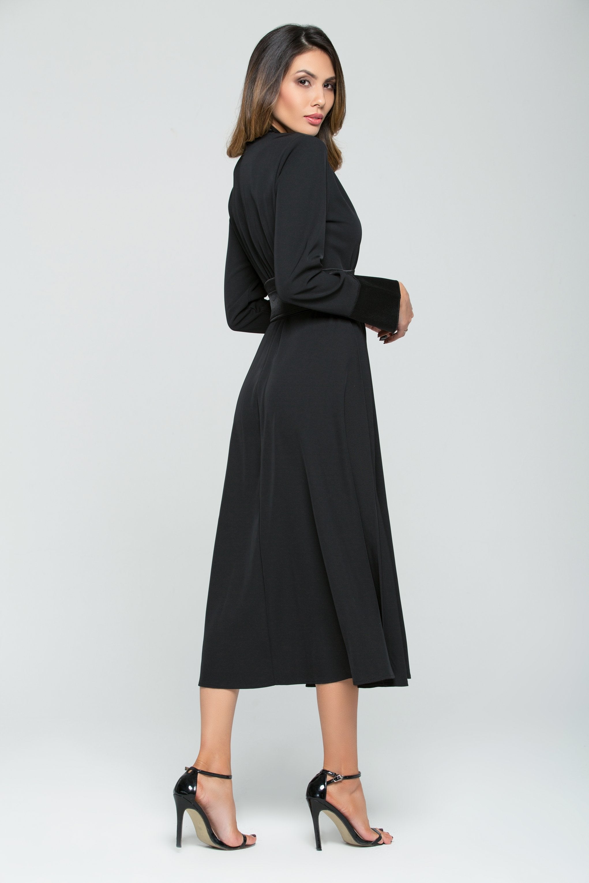 Black Satin Full Sleeves Maxi Dress with Tie-up Belt - ownthelooks-Development Black Satin Full Sleeves Maxi Dress with Tie-up Belt - ownthelooks-Development