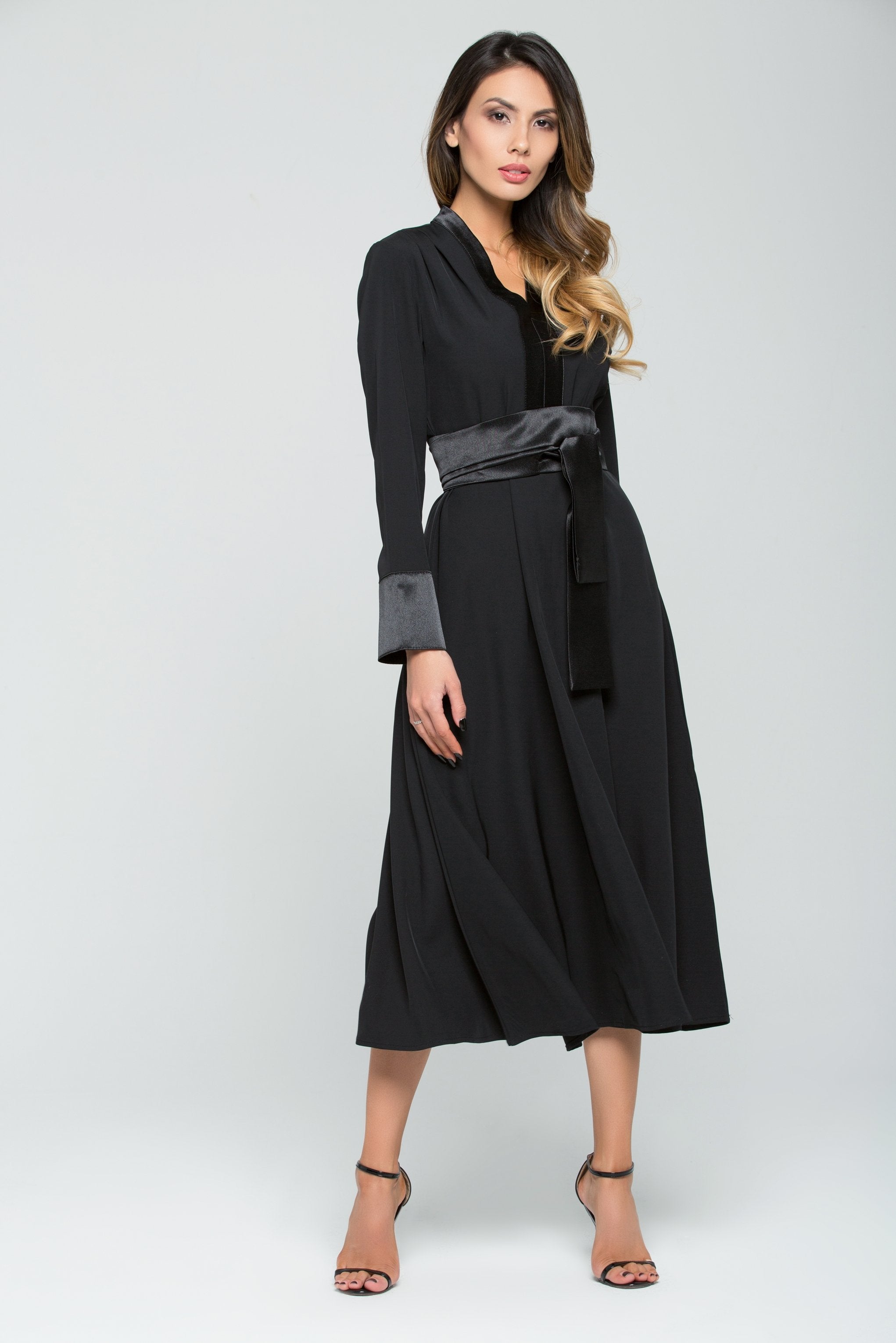 Black Satin Full Sleeves Maxi Dress with Tie-up Belt - ownthelooks-Development Black Satin Full Sleeves Maxi Dress with Tie-up Belt - ownthelooks-Development