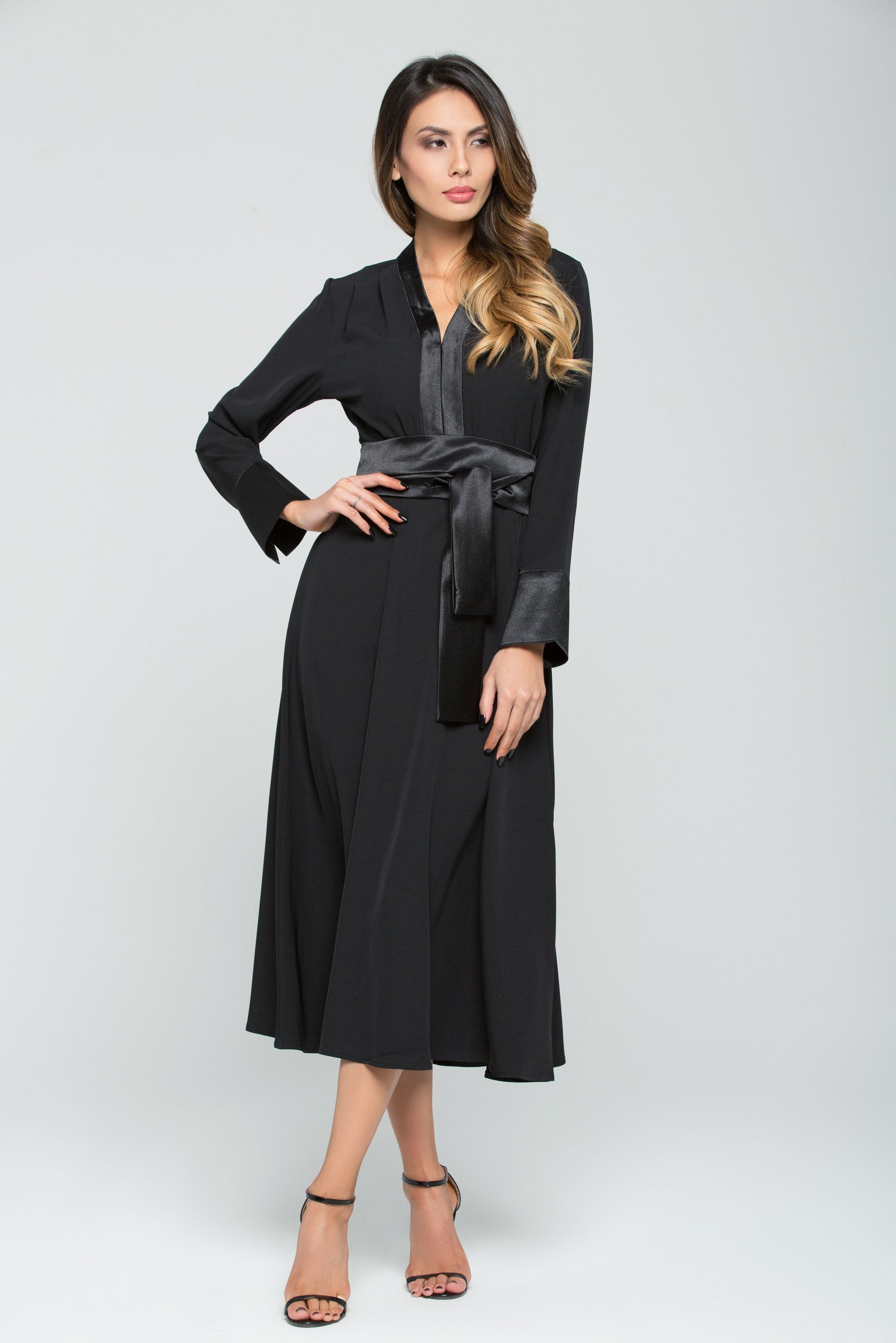 Black Satin Full Sleeves Maxi Dress with Tie-up Belt - ownthelooks-Development Black Satin Full Sleeves Maxi Dress with Tie-up Belt - ownthelooks-Development
