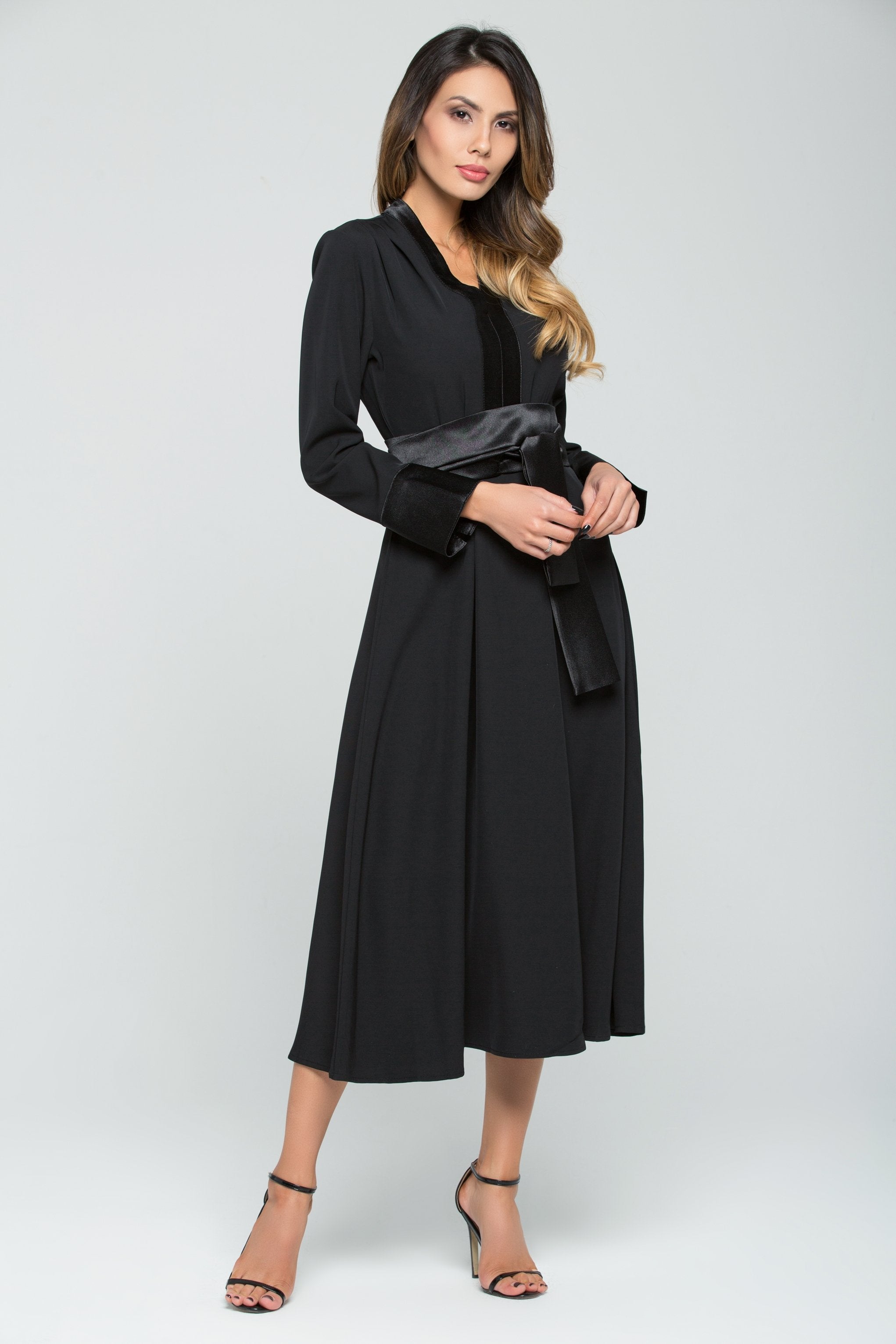 Black Satin Full Sleeves Maxi Dress with Tie-up Belt - ownthelooks-Development Black Satin Full Sleeves Maxi Dress with Tie-up Belt - ownthelooks-Development