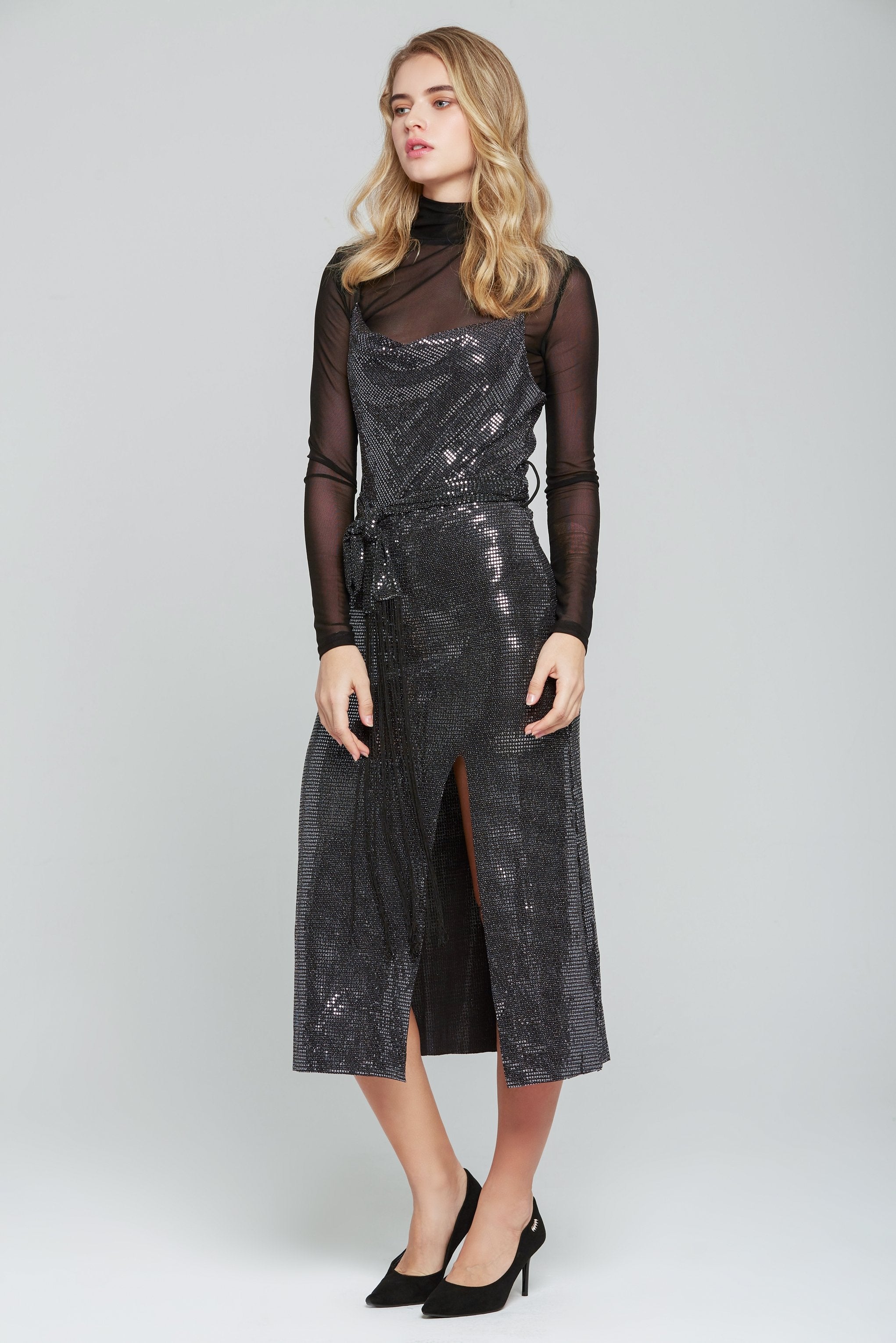 Black Shimmer Sheer Sleeves Sweetheart Ruffled Maxi Dress - ownthelooks-Development Black Shimmer Sheer Sleeves Sweetheart Ruffled Maxi Dress - ownthelooks-Development