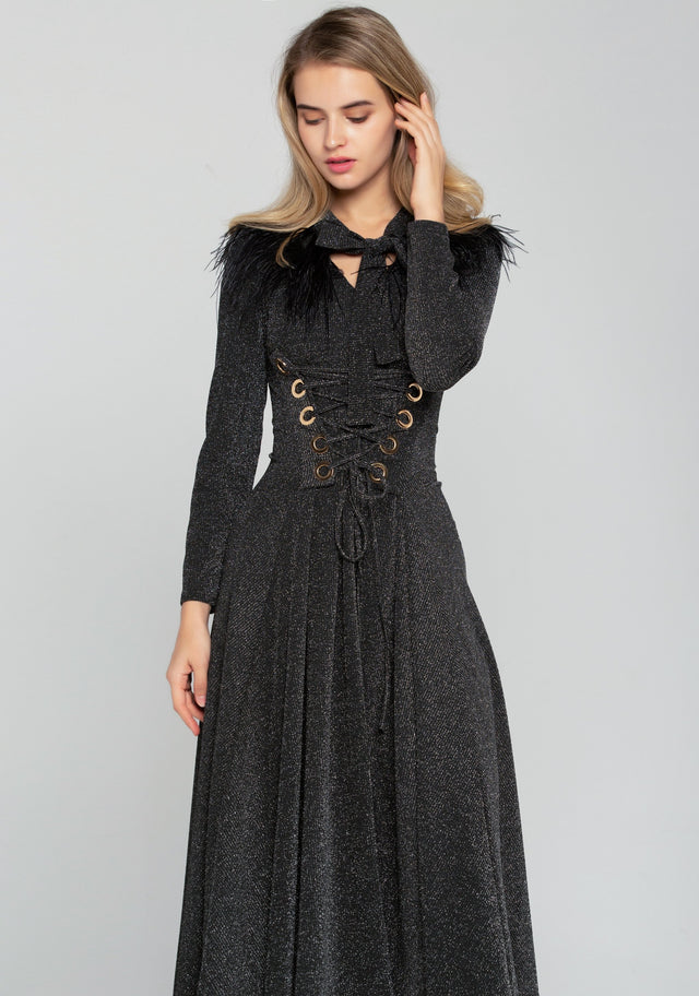 Black Shimmer Tie-up Smocked Waist Midi Dress - ownthelooks-Development