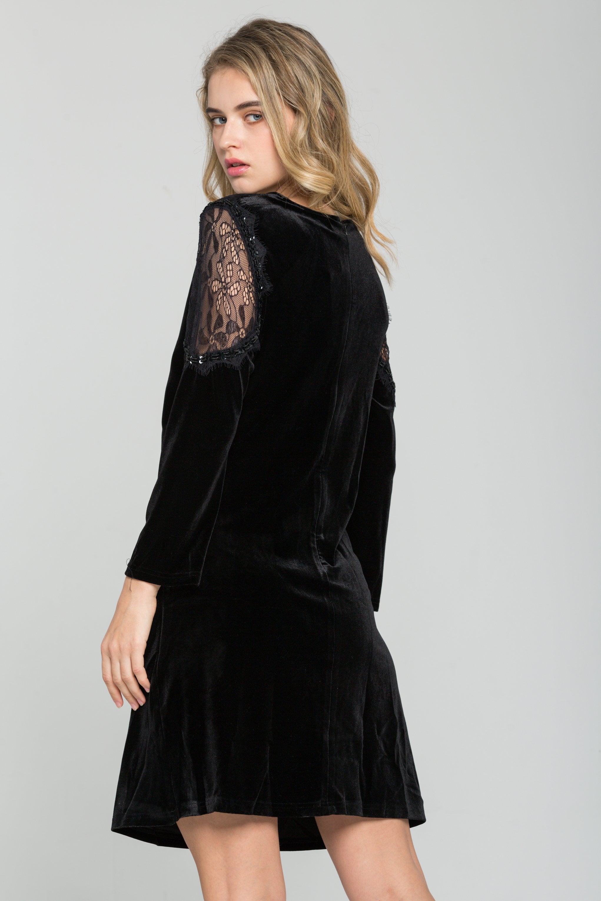 Black Suede Lace Sleeves Mini Dress - ownthelooks-Development Black Suede Lace Sleeves Mini Dress - ownthelooks-Development