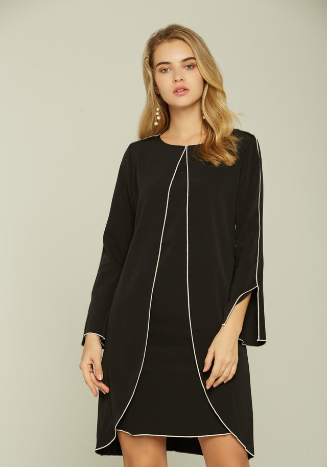 Black and White Full Sleeves Belted Dress - ownthelooks-Development