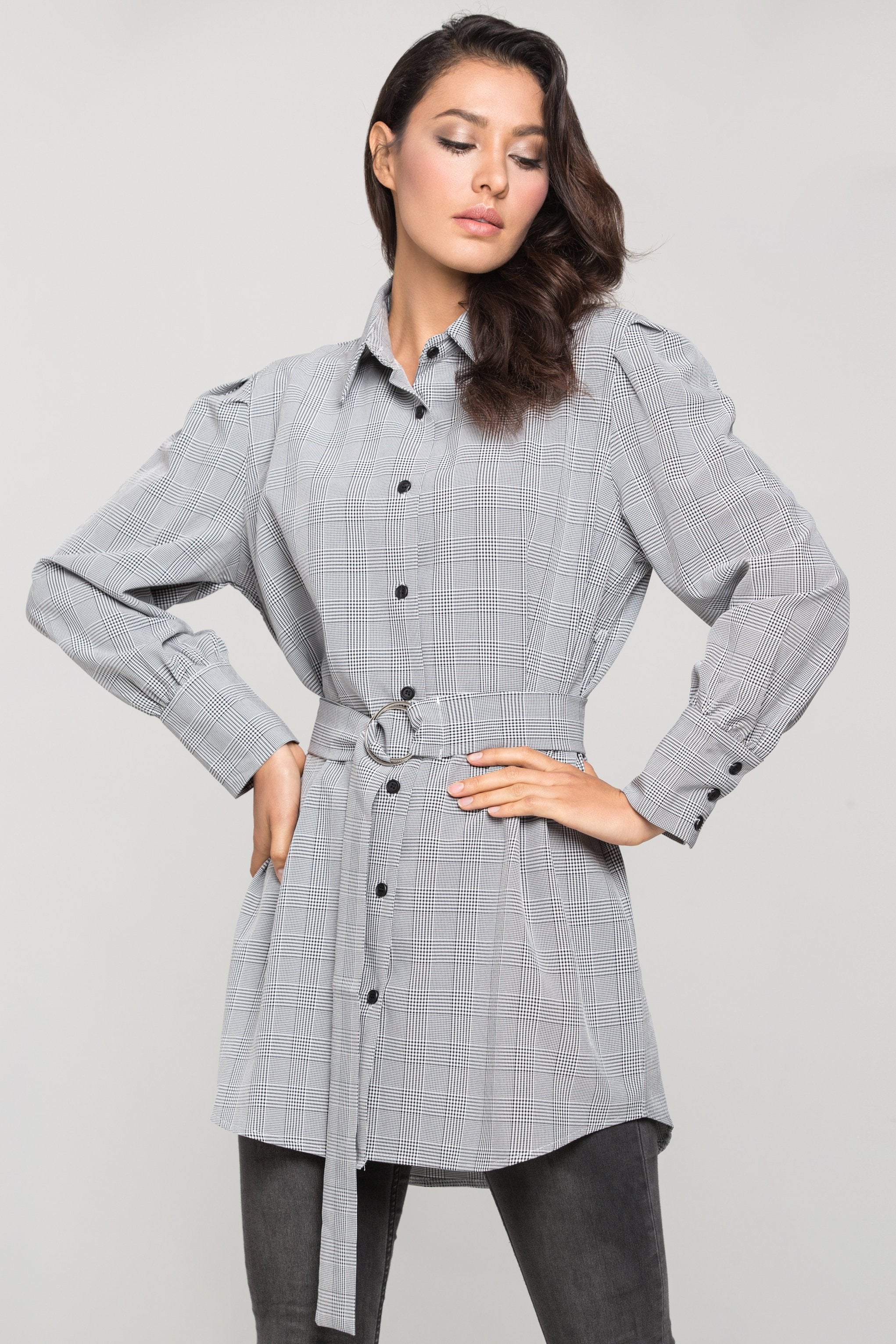Black and White Glenn Plaid Belted Shirt Dress - ownthelooks-Development Black and White Glenn Plaid Belted Shirt Dress - ownthelooks-Development