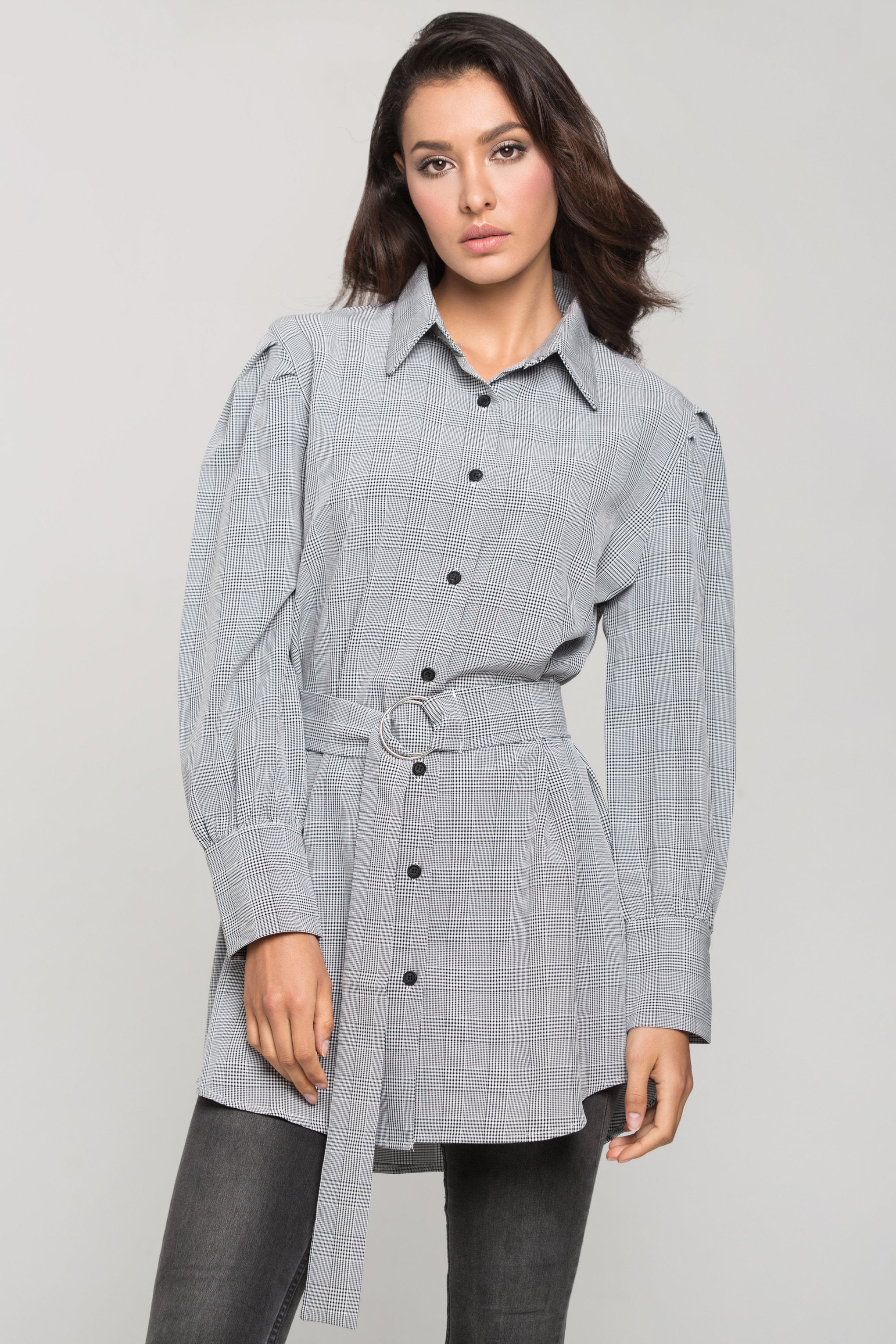 Black and White Glenn Plaid Belted Shirt Dress - ownthelooks-Development Black and White Glenn Plaid Belted Shirt Dress - ownthelooks-Development
