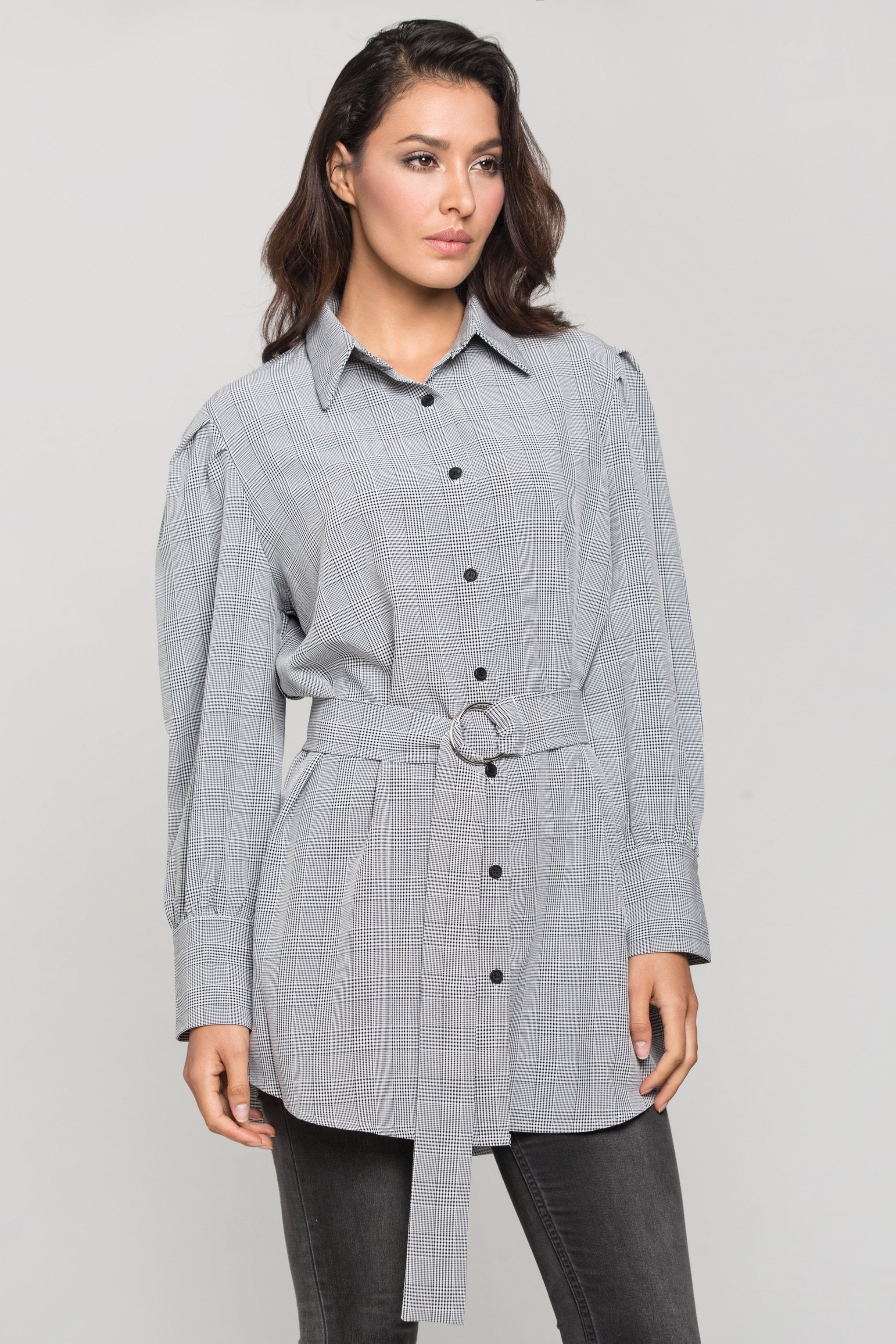 Black and White Glenn Plaid Belted Shirt Dress - ownthelooks-Development Black and White Glenn Plaid Belted Shirt Dress - ownthelooks-Development