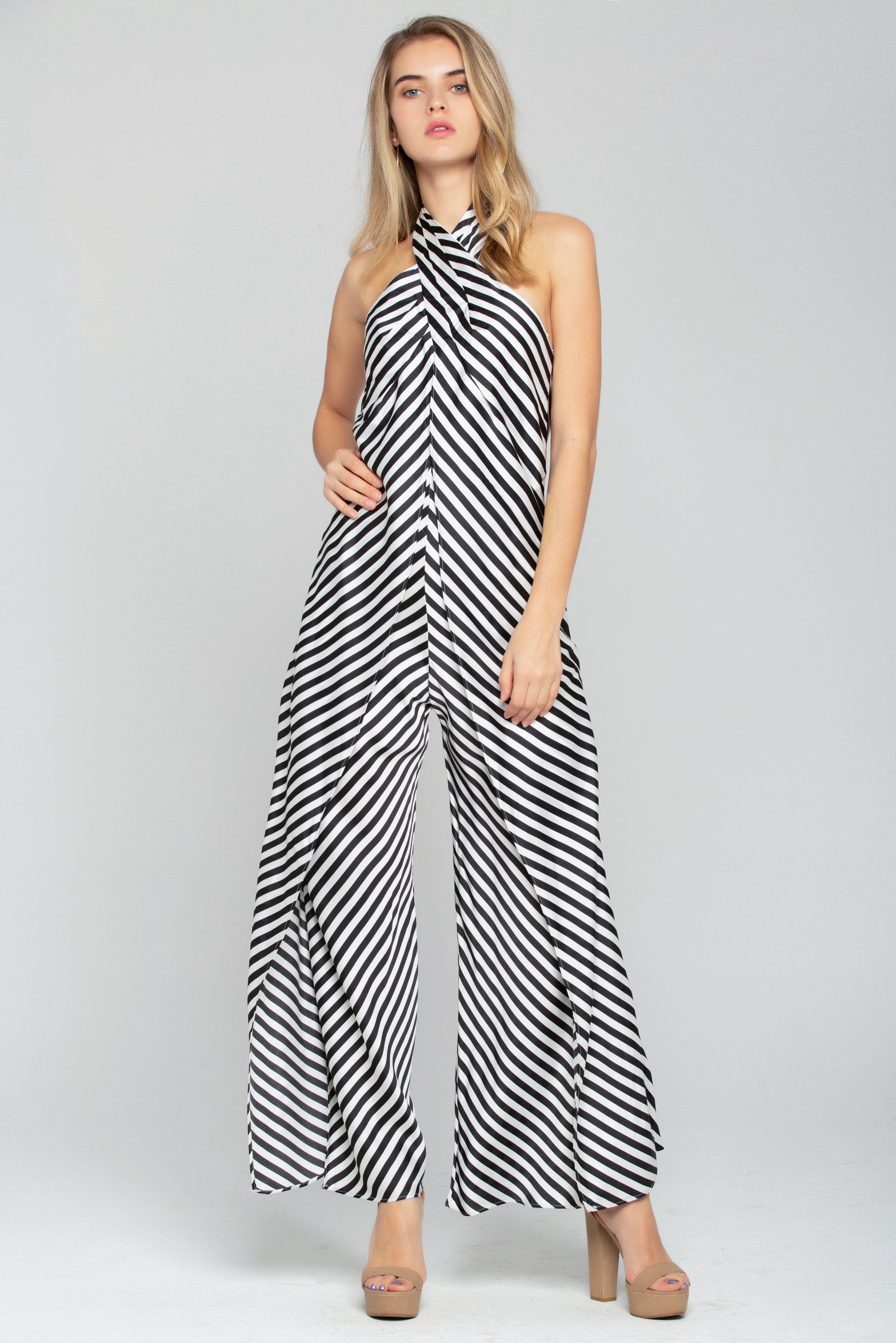 Black and White Halter Knot Jumpsuit - ownthelooks-Development Black and White Halter Knot Jumpsuit - ownthelooks-Development