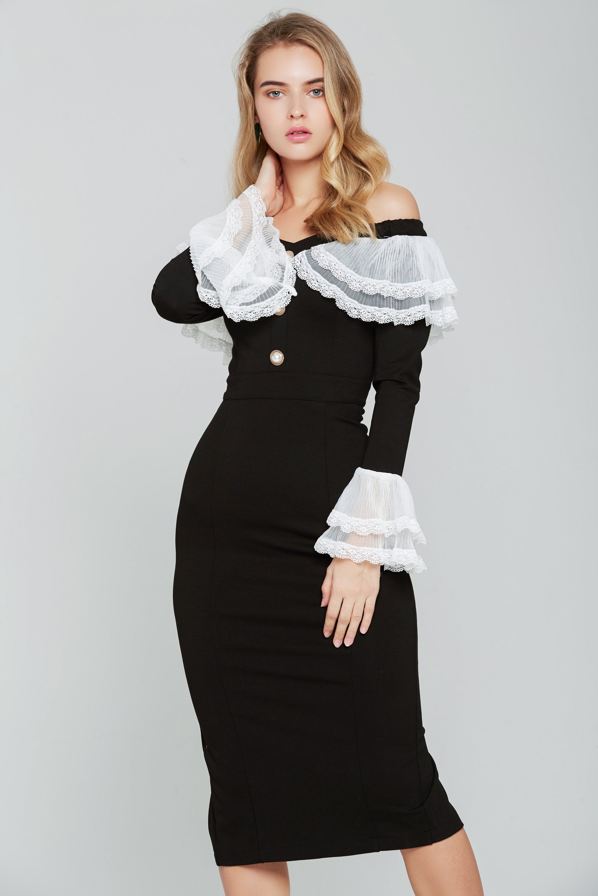 Black and White Lace Bell Sleeves Midi Dress - ownthelooks-Development Black and White Lace Bell Sleeves Midi Dress - ownthelooks-Development