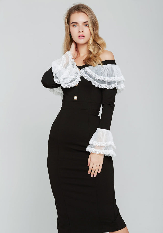 Black and White Lace Bell Sleeves Midi Dress - ownthelooks-Development