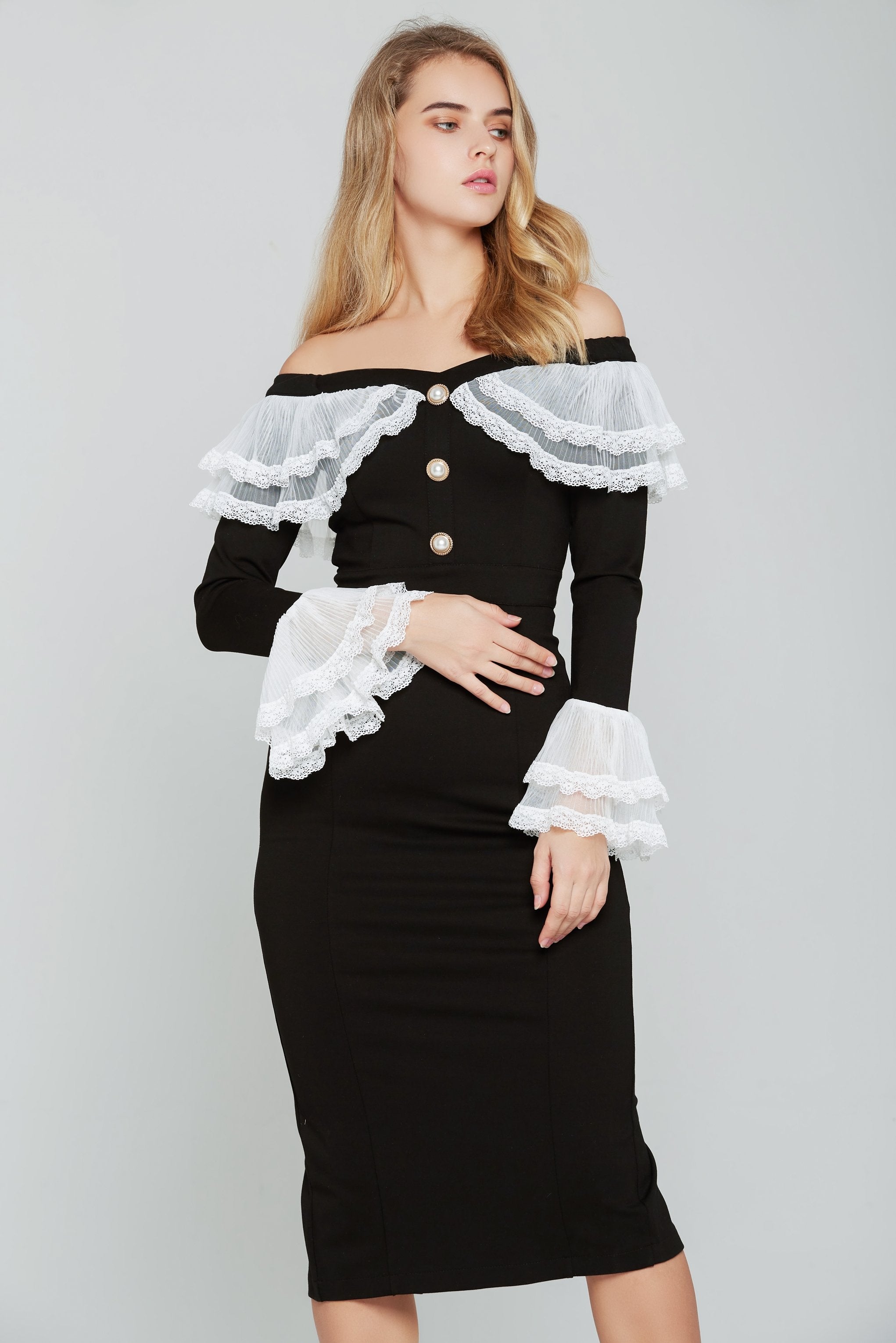 Black and White Lace Bell Sleeves Midi Dress - ownthelooks-Development Black and White Lace Bell Sleeves Midi Dress - ownthelooks-Development