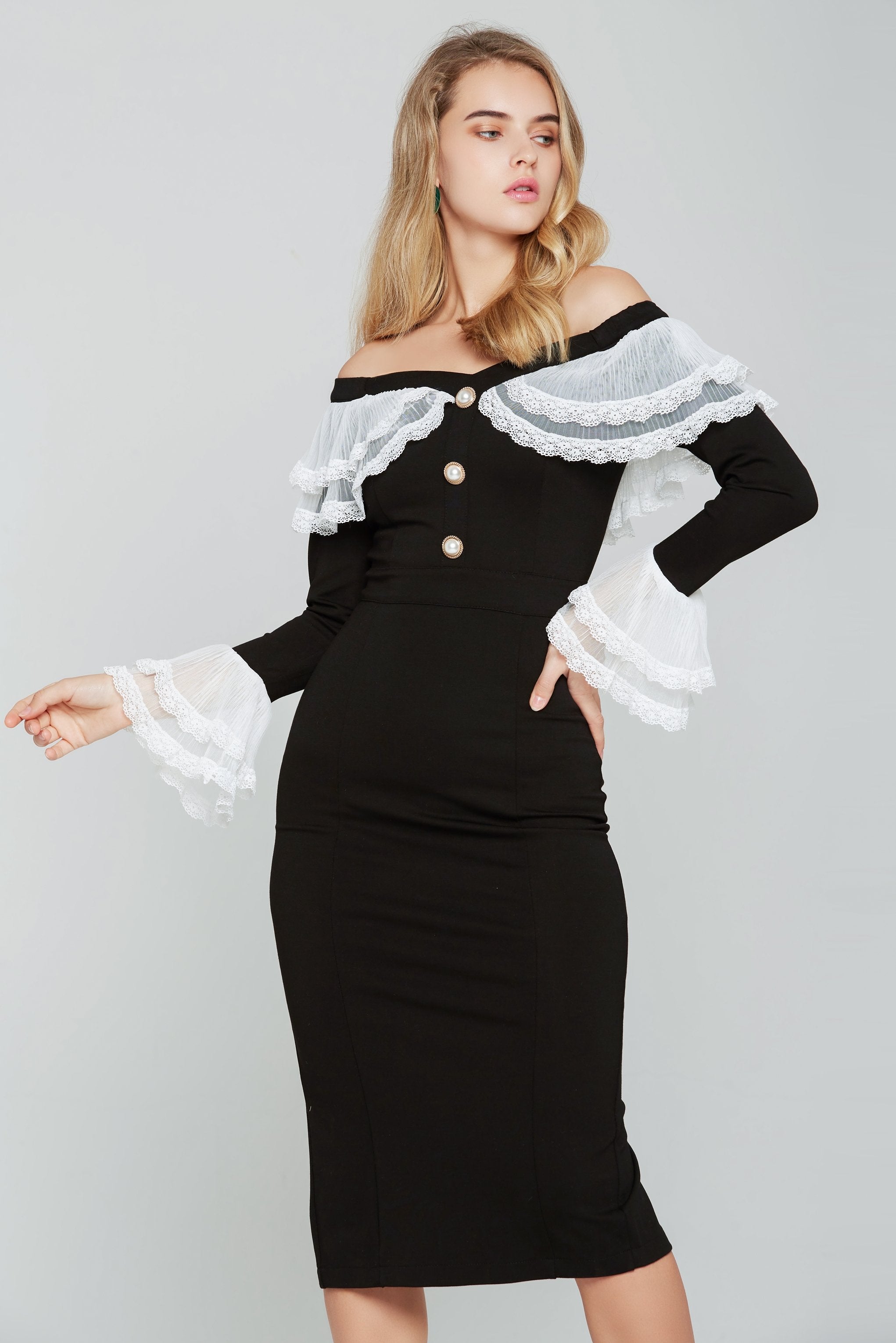 Black and White Lace Bell Sleeves Midi Dress - ownthelooks-Development Black and White Lace Bell Sleeves Midi Dress - ownthelooks-Development