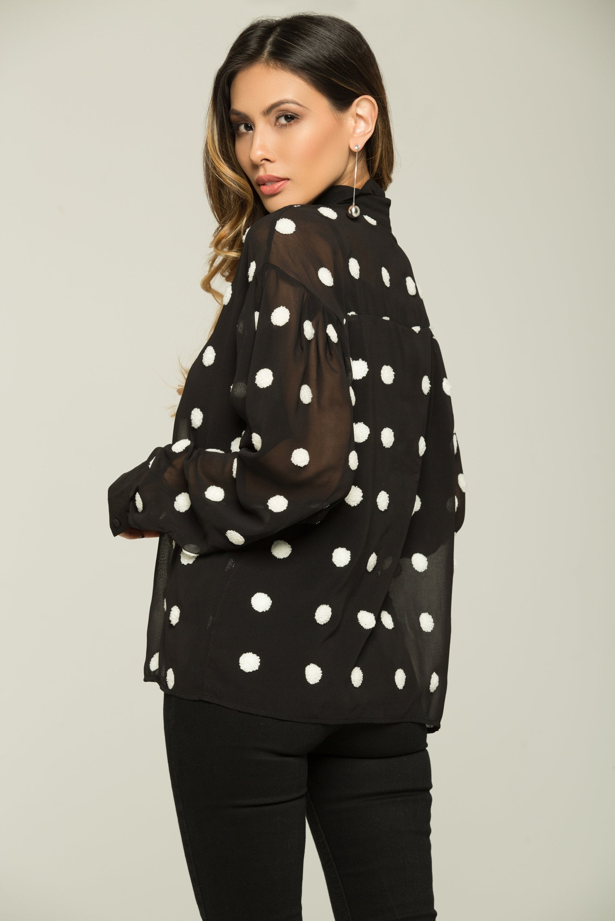 Black and White Polka dots Sheer Shirt Top - ownthelooks-Development Black and White Polka dots Sheer Shirt Top - ownthelooks-Development