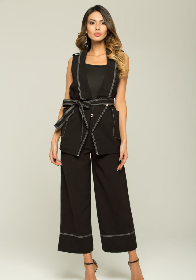 Black and White Trim Sleeveless Blazer and Trousers Set - ownthelooks-Development