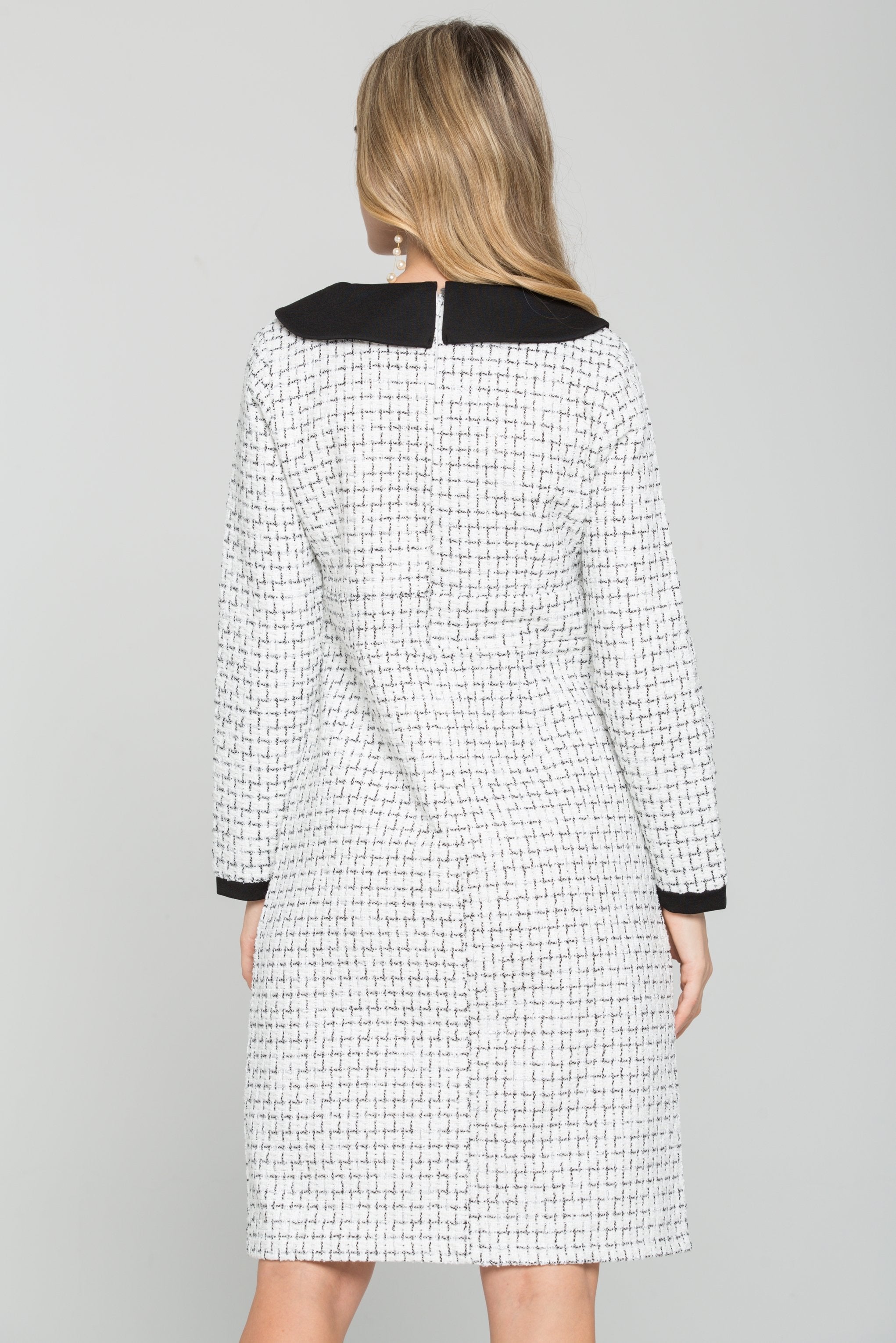 Black and White Tweed Full Sleeves Blazer Dress - ownthelooks-Development Black and White Tweed Full Sleeves Blazer Dress - ownthelooks-Development