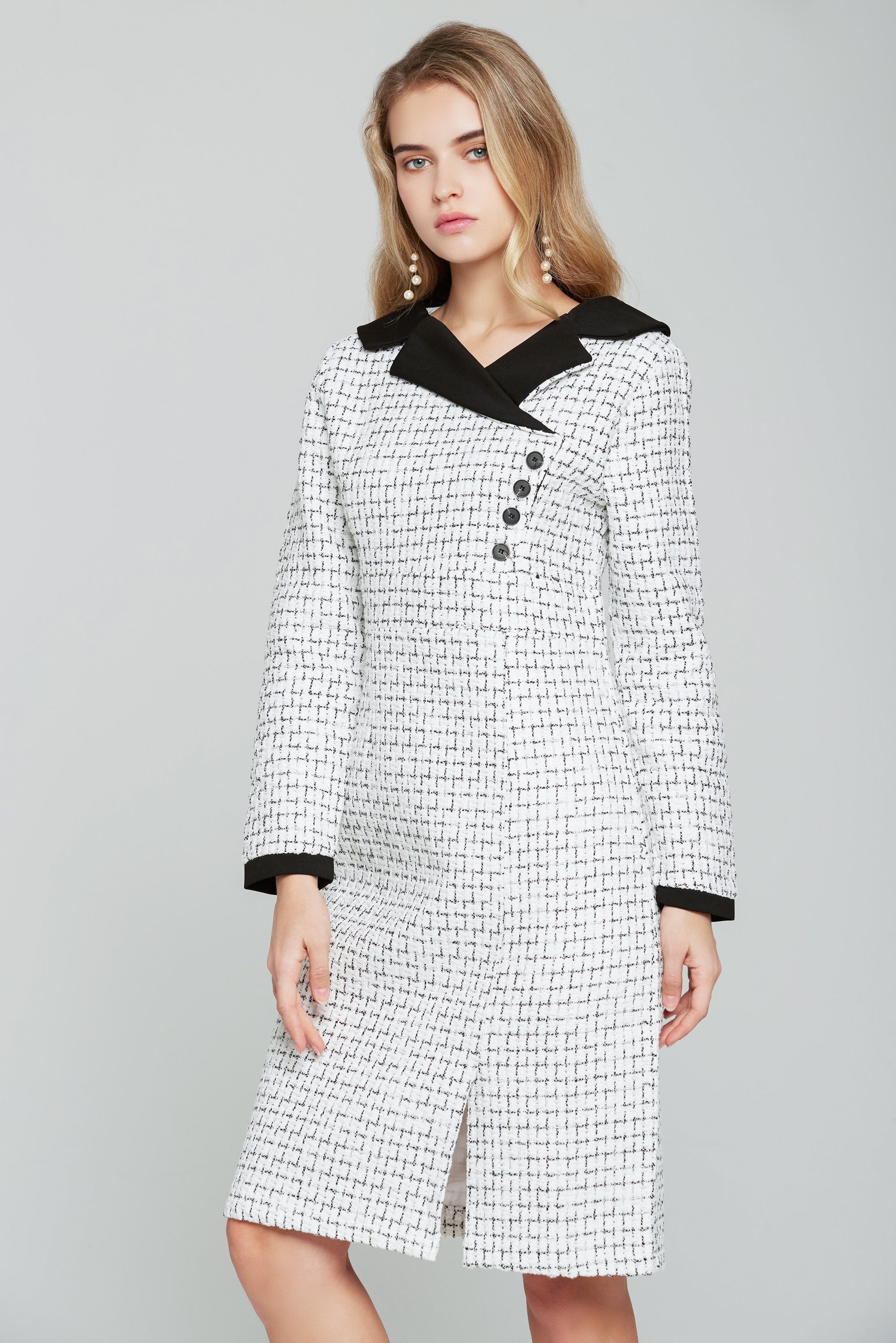 Black and White Tweed Full Sleeves Blazer Dress - ownthelooks-Development Black and White Tweed Full Sleeves Blazer Dress - ownthelooks-Development