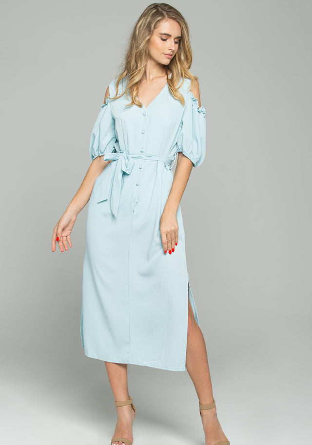 Mint Green Cotton V-Neck Cold Shoulder Cinched Midi Dress - ownthelooks-Development