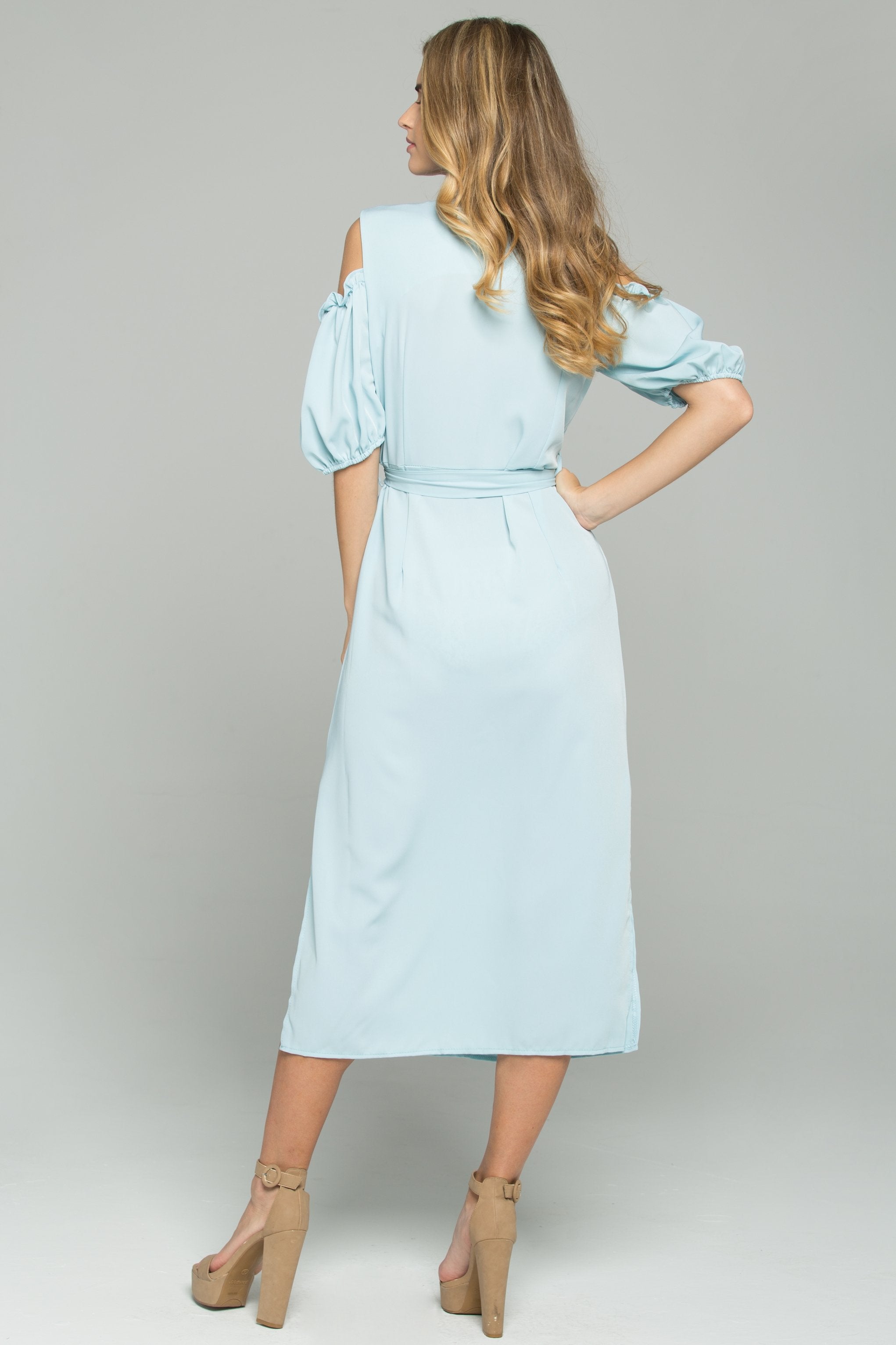 Mint Green Cotton V-Neck Cold Shoulder Cinched Midi Dress - ownthelooks-Development Mint Green Cotton V-Neck Cold Shoulder Cinched Midi Dress - ownthelooks-Development