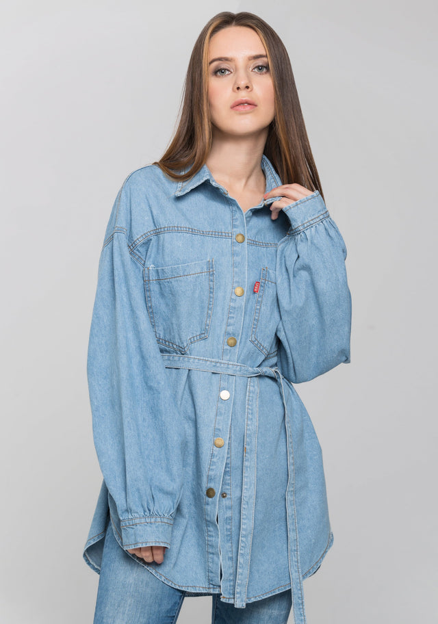 Blue Denim Drop Shoulder Shirt Top - ownthelooks-Development