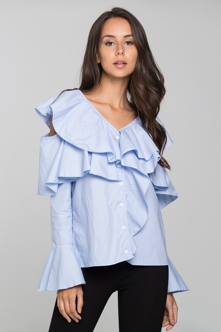 Blue Ruffle Sleeved Cold Shoulder Top - ownthelooks-Development Blue Ruffle Sleeved Cold Shoulder Top - ownthelooks-Development