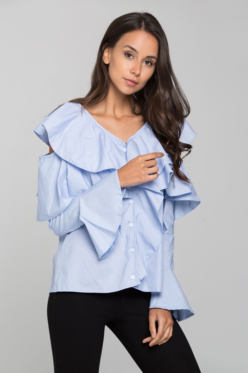 Blue Ruffle Sleeved Cold Shoulder Top - ownthelooks-Development Blue Ruffle Sleeved Cold Shoulder Top - ownthelooks-Development