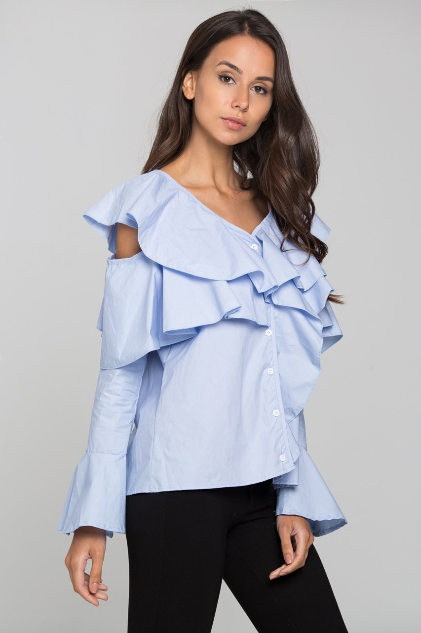 Blue Ruffle Sleeved Cold Shoulder Top - ownthelooks-Development Blue Ruffle Sleeved Cold Shoulder Top - ownthelooks-Development
